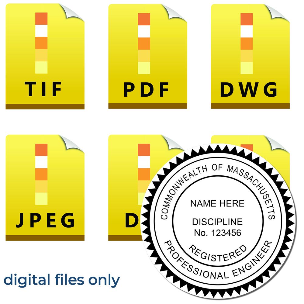 The main image for the Digital Massachusetts PE Stamp and Electronic Seal for Massachusetts Engineer depicting a sample of the imprint and electronic files