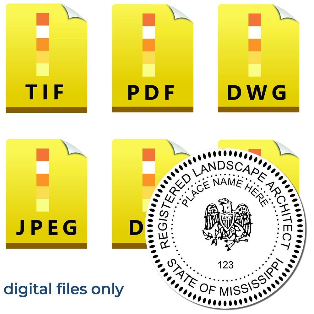 The main image for the Digital Mississippi Landscape Architect Stamp depicting a sample of the imprint and electronic files