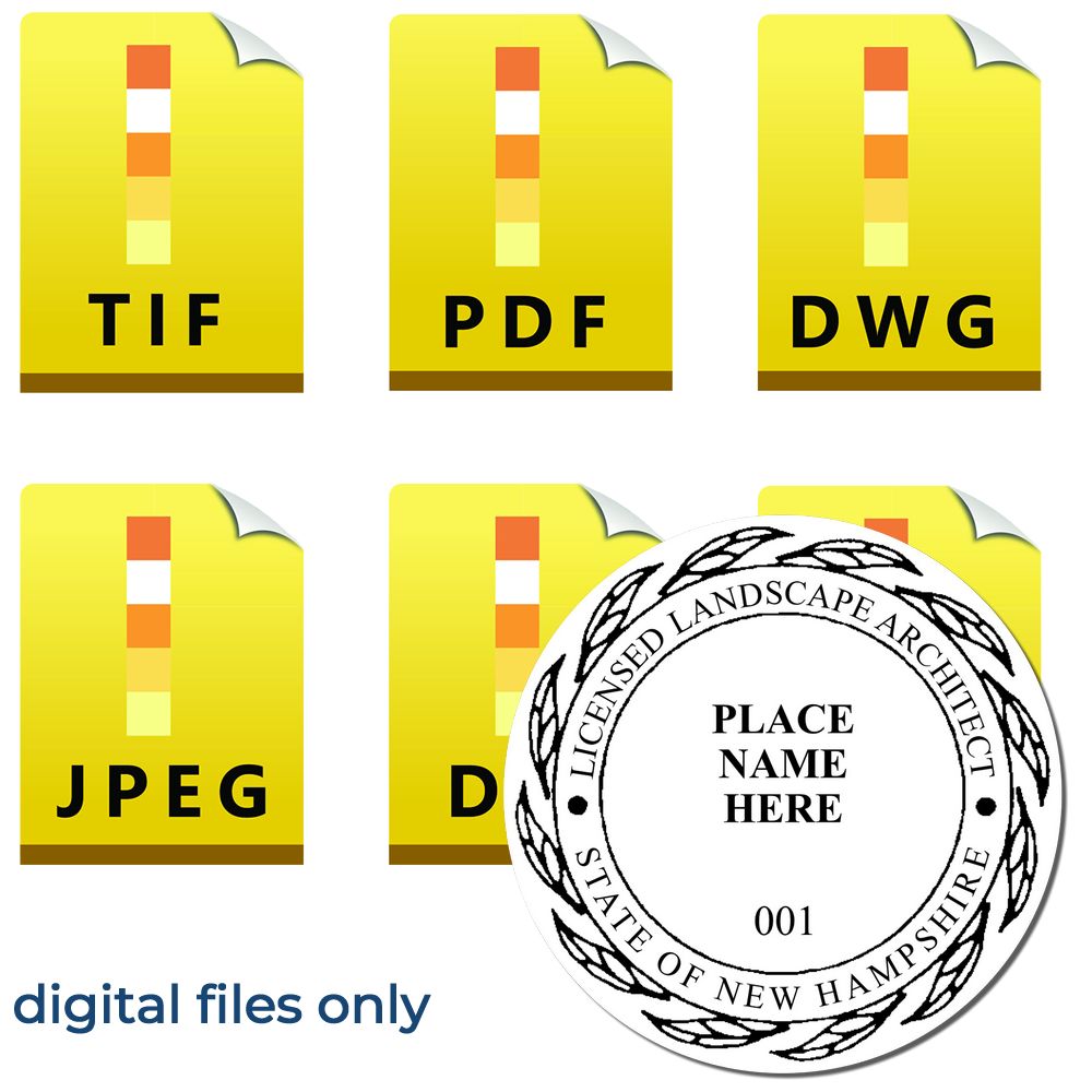 The main image for the Digital New Hampshire Landscape Architect Stamp depicting a sample of the imprint and electronic files