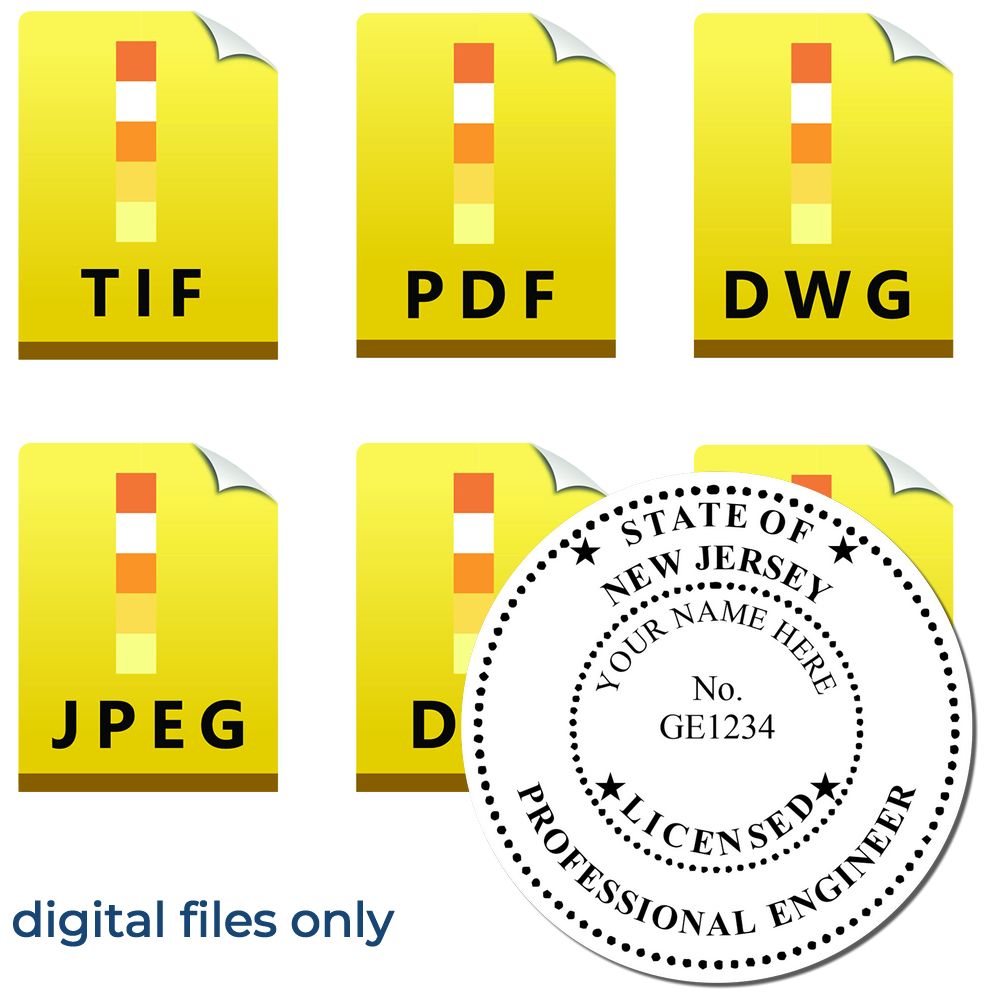 The main image for the Digital New Jersey PE Stamp and Electronic Seal for New Jersey Engineer depicting a sample of the imprint and electronic files