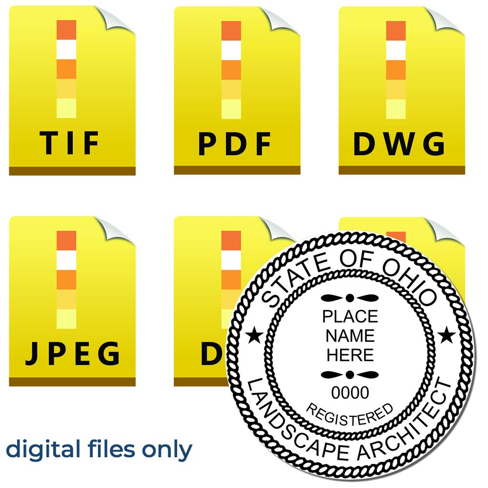 The main image for the Digital Ohio Landscape Architect Stamp depicting a sample of the imprint and electronic files