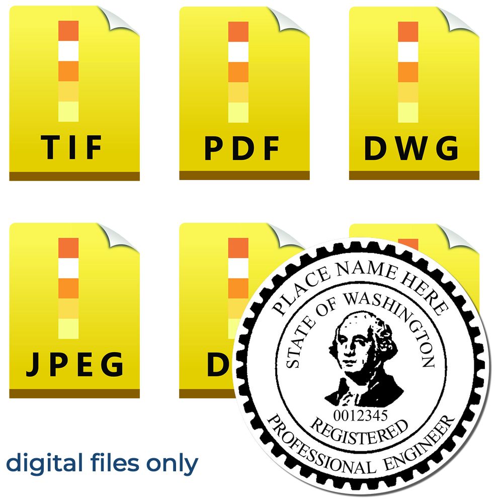 The main image for the Digital Washington PE Stamp and Electronic Seal for Washington Engineer depicting a sample of the imprint and electronic files