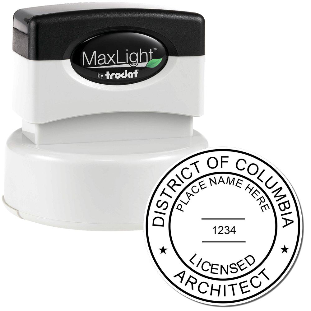 Premium MaxLight Pre-Inked District of Columbia Architectural Stamp with a black and white design, showing the stamp and its impression.