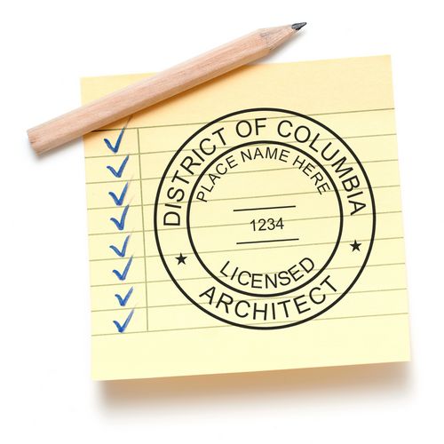 A lifestyle photo showing a stamped image of the Slim Pre-Inked District of Columbia Architect Seal Stamp on a piece of paper