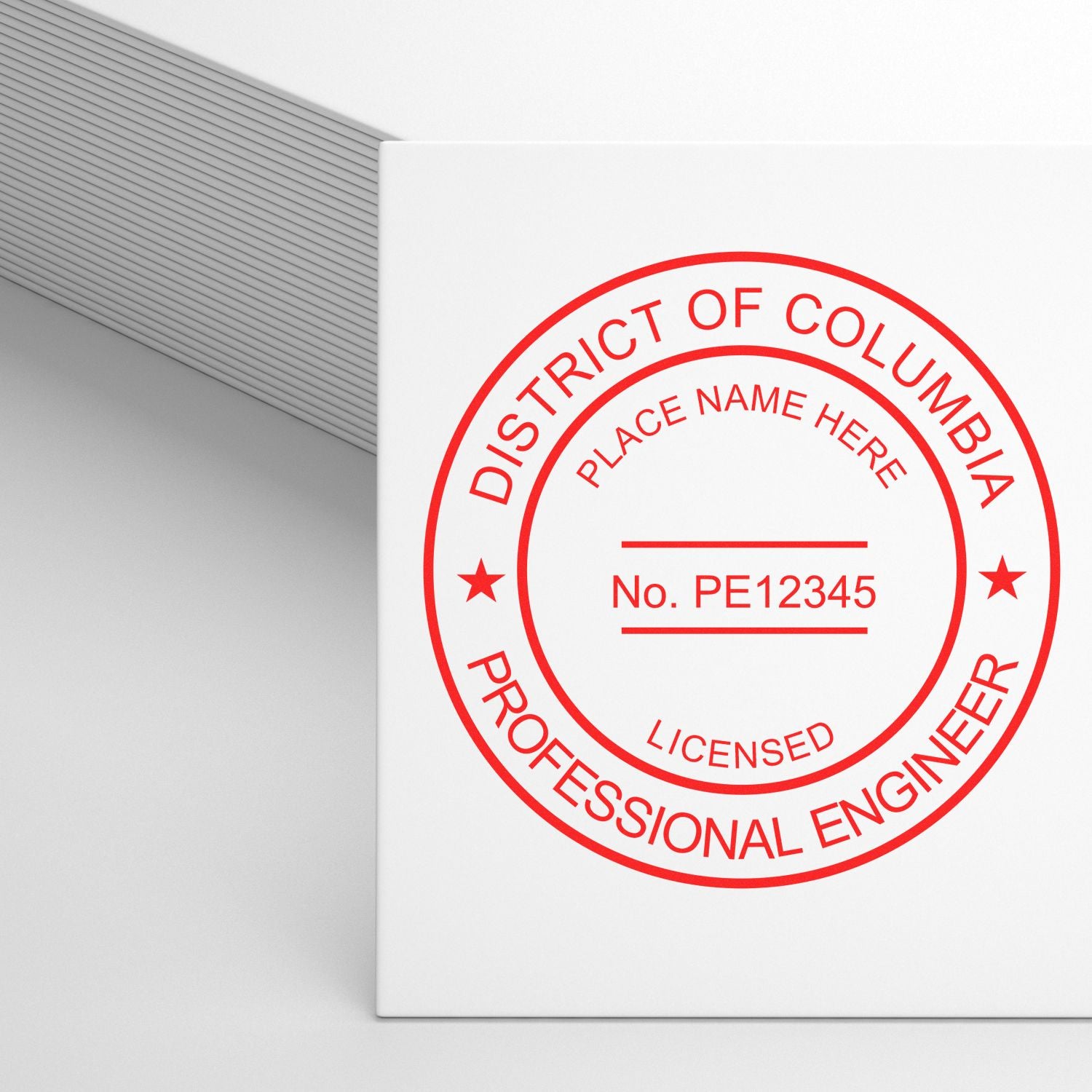 The main image for the District of Columbia Professional Engineer Seal Stamp depicting a sample of the imprint and electronic files