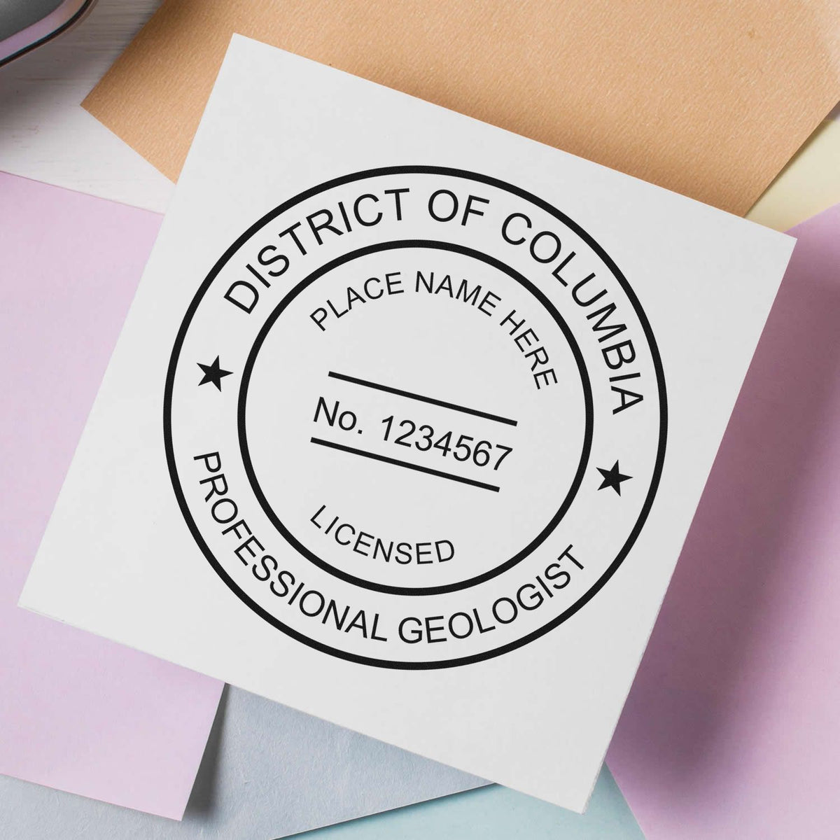 A photograph of the District of Columbia Professional Geologist Seal Stamp stamp impression reveals a vivid, professional image of the on paper.