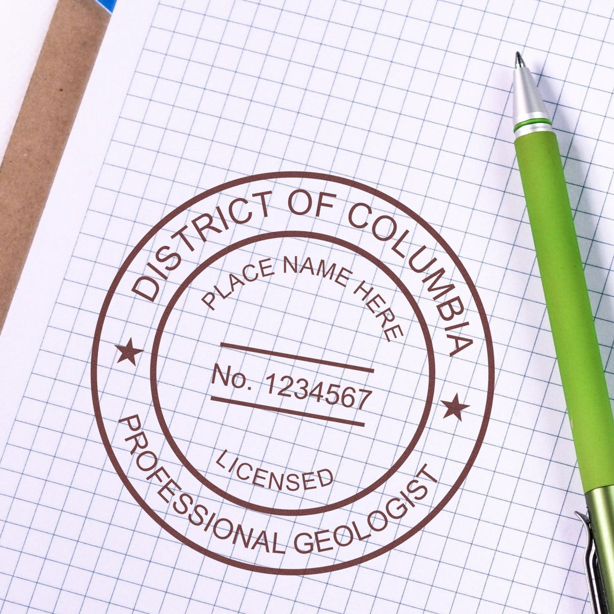 The Self-Inking District of Columbia Geologist Stamp stamp impression comes to life with a crisp, detailed image stamped on paper - showcasing true professional quality.
