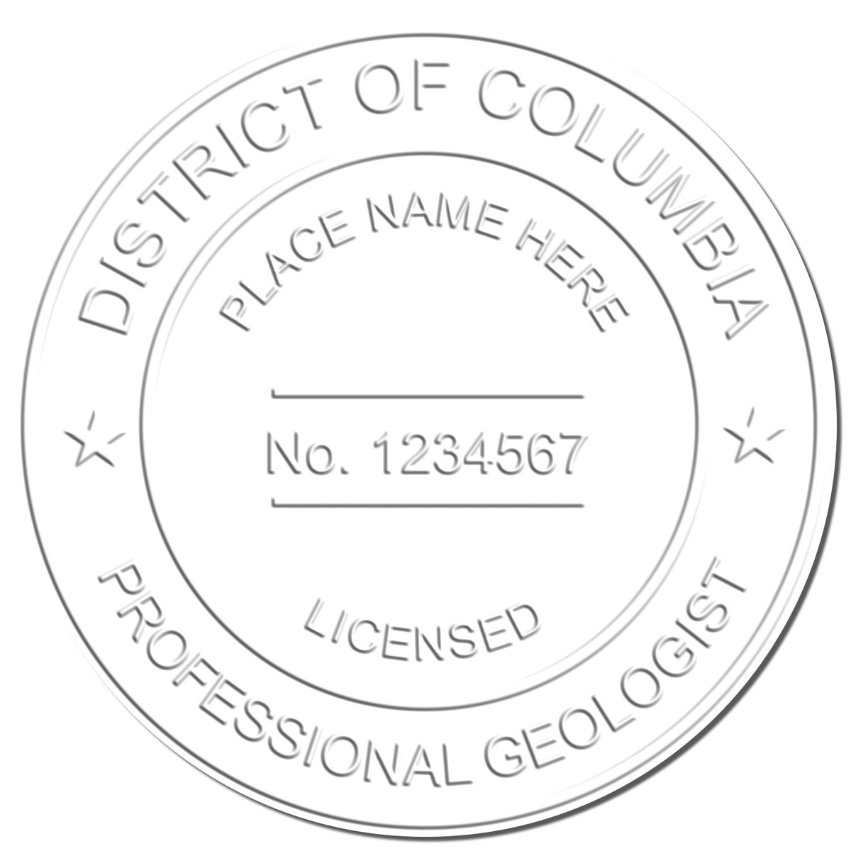 An in use photo of the Heavy Duty Cast Iron District of Columbia Geologist Seal Embosser showing a sample imprint on a cardstock