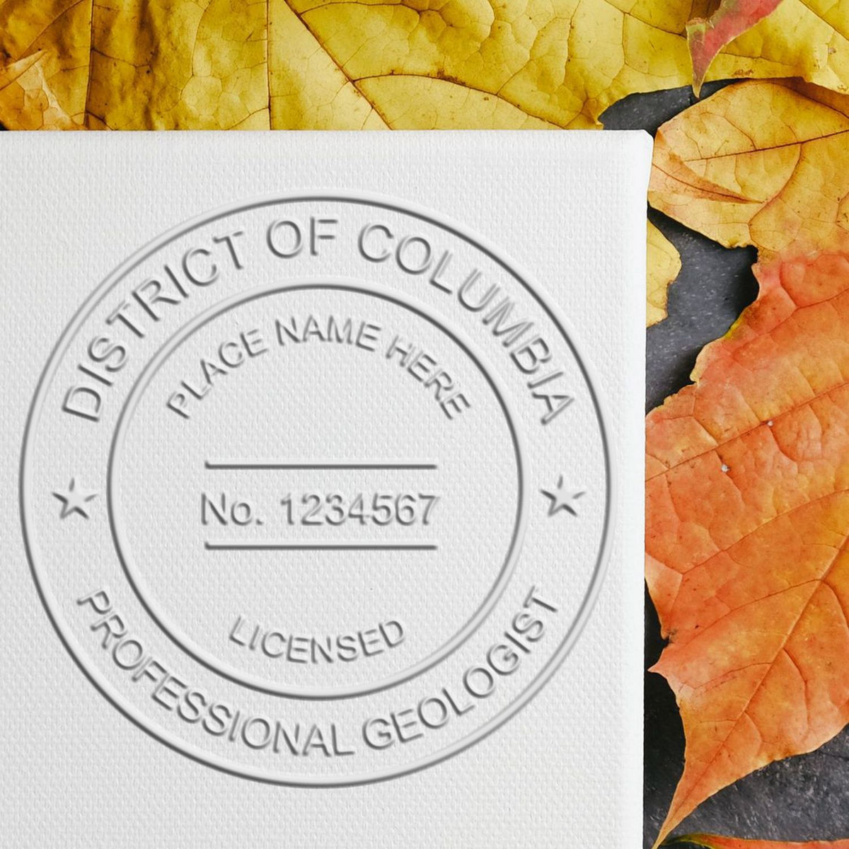 A lifestyle photo showing a stamped image of the Handheld District of Columbia Professional Geologist Embosser on a piece of paper