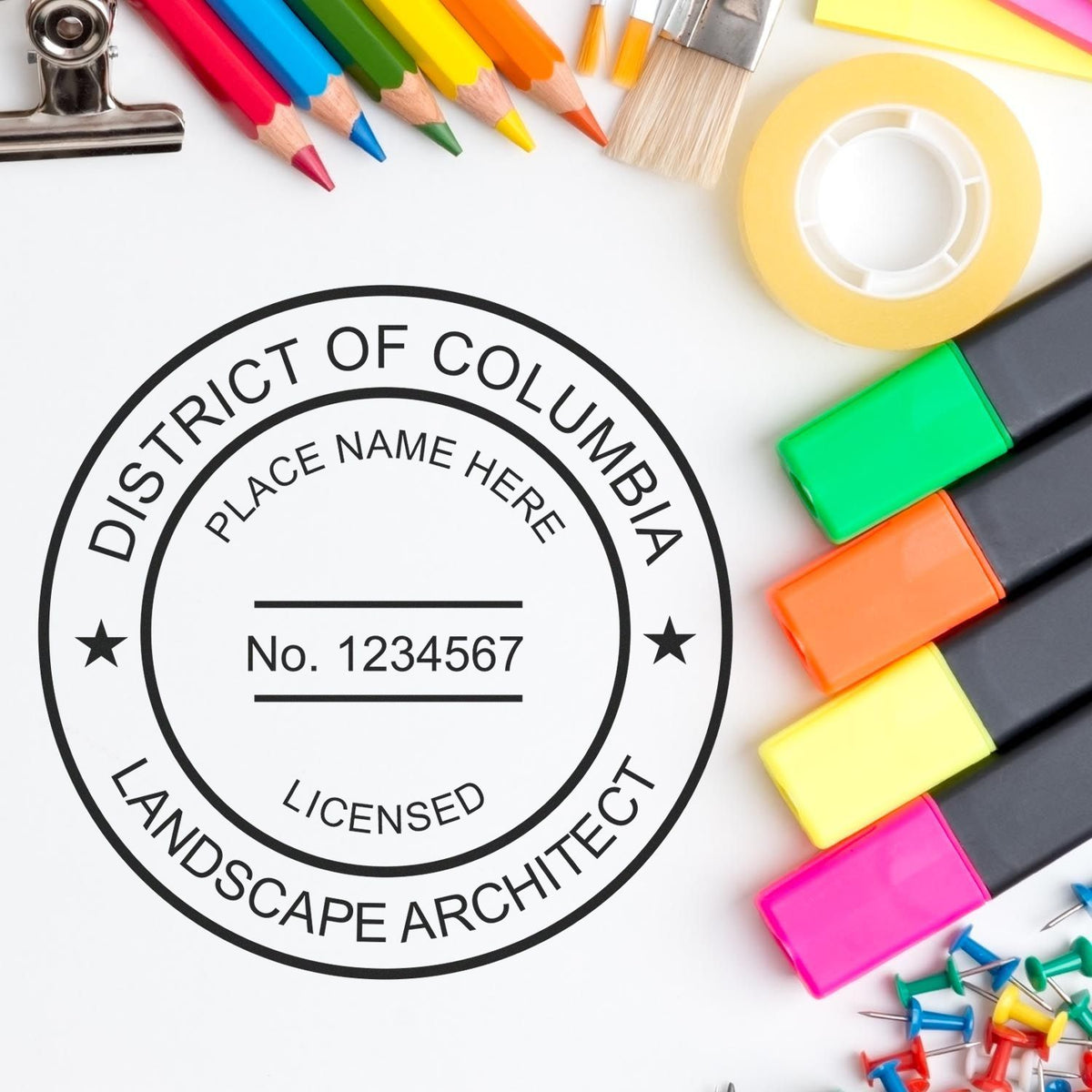 This paper is stamped with a sample imprint of the District of Columbia Landscape Architectural Seal Stamp, signifying its quality and reliability.