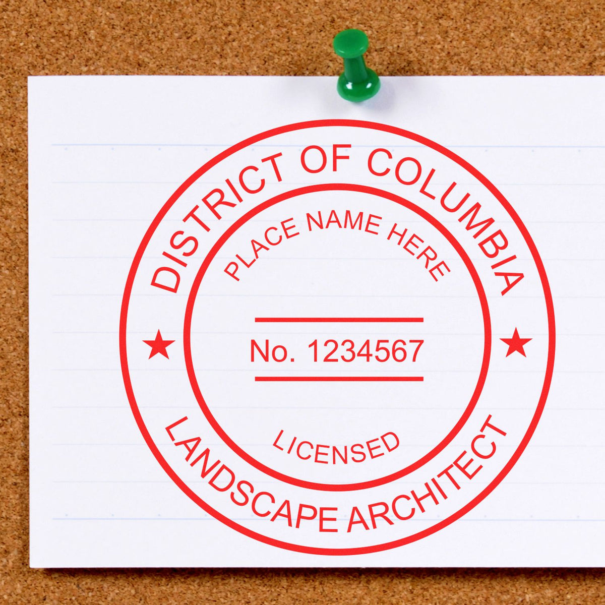 An alternative view of the Premium MaxLight Pre-Inked District of Columbia Landscape Architectural Stamp stamped on a sheet of paper showing the image in use