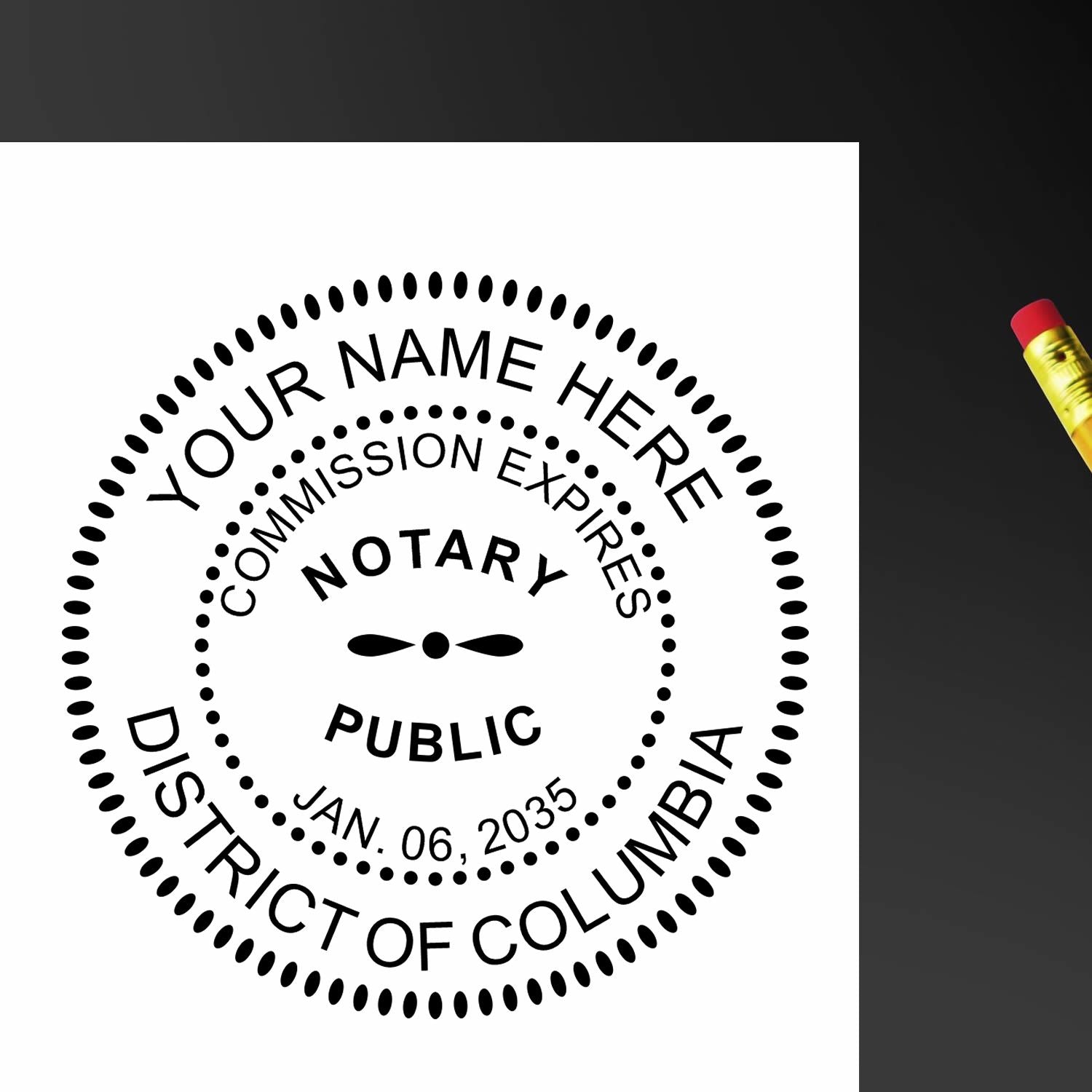 A lifestyle photo showing a stamped image of the Round District of Columbia Notary Public Seal Stamp on a piece of paper