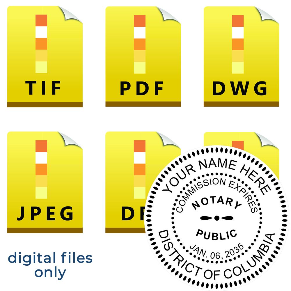The main image for the District of Columbia Round Electronic Notary Stamp depicting a sample of the imprint and electronic files