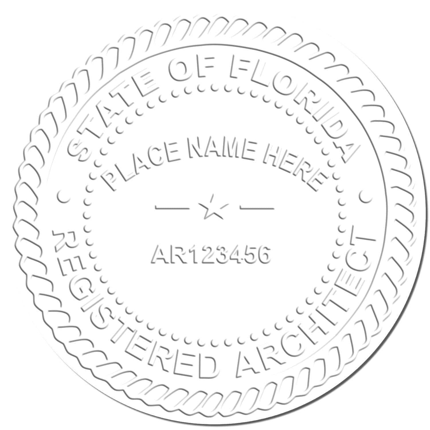 Image of an embossed seal with the text STATE OF FLORIDA REGISTERED ARCHITECT and PLACE NAME HERE AR123456 created by the Architect Desk Seal Embosser. The seal has a circular design with a rope-like border.