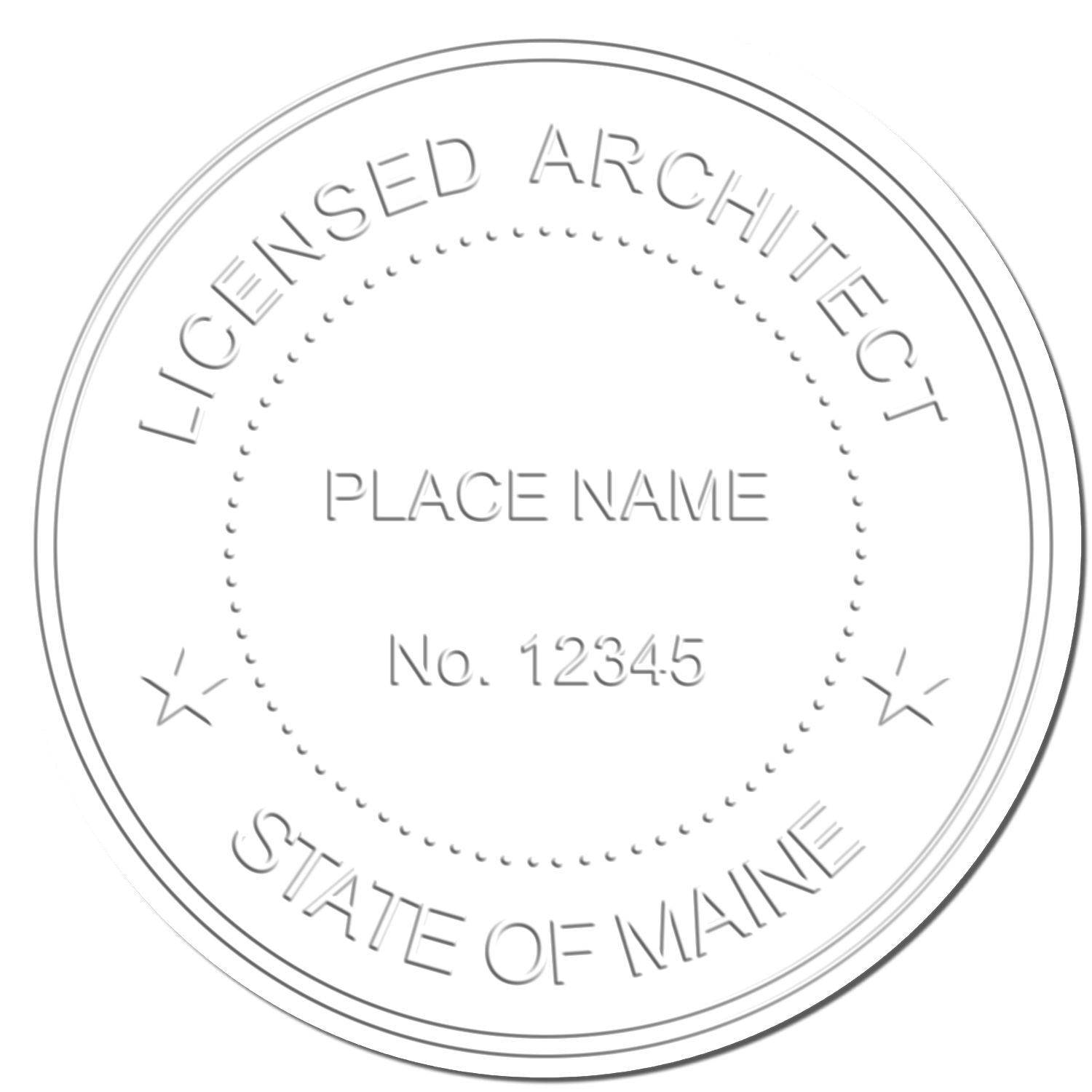 Image of an embossed seal created by the Architect Desk Seal Embosser, displaying 'Licensed Architect' and 'State of Maine' with placeholders for 'Place Name' and 'No. 12345' in the center.