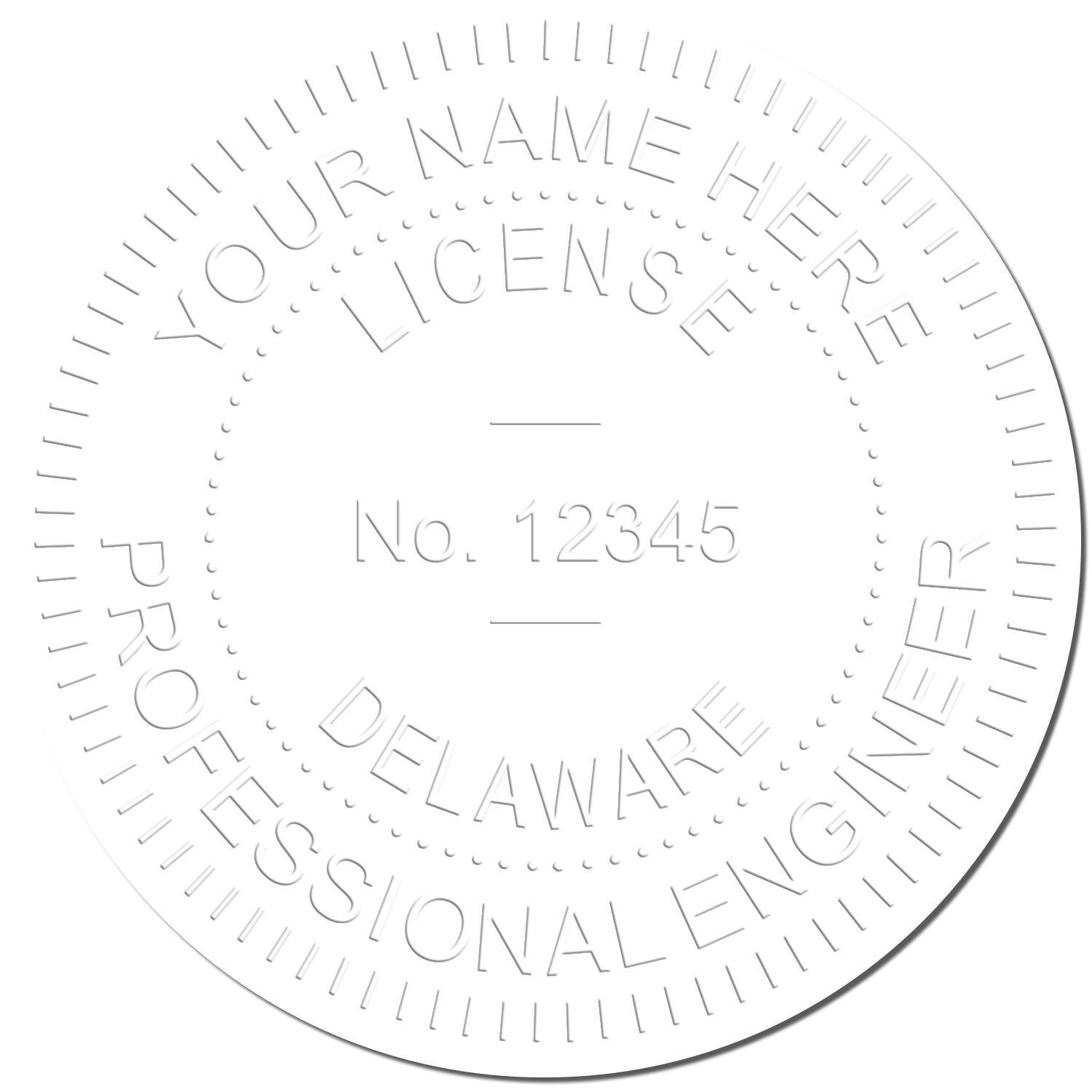 Image of an embossed seal with the text YOUR NAME HERE, LICENSE No. 12345, DELAWARE, PROFESSIONAL ENGINEER. The seal is created using the Professional Engineer Pink Gift Seal Embosser.