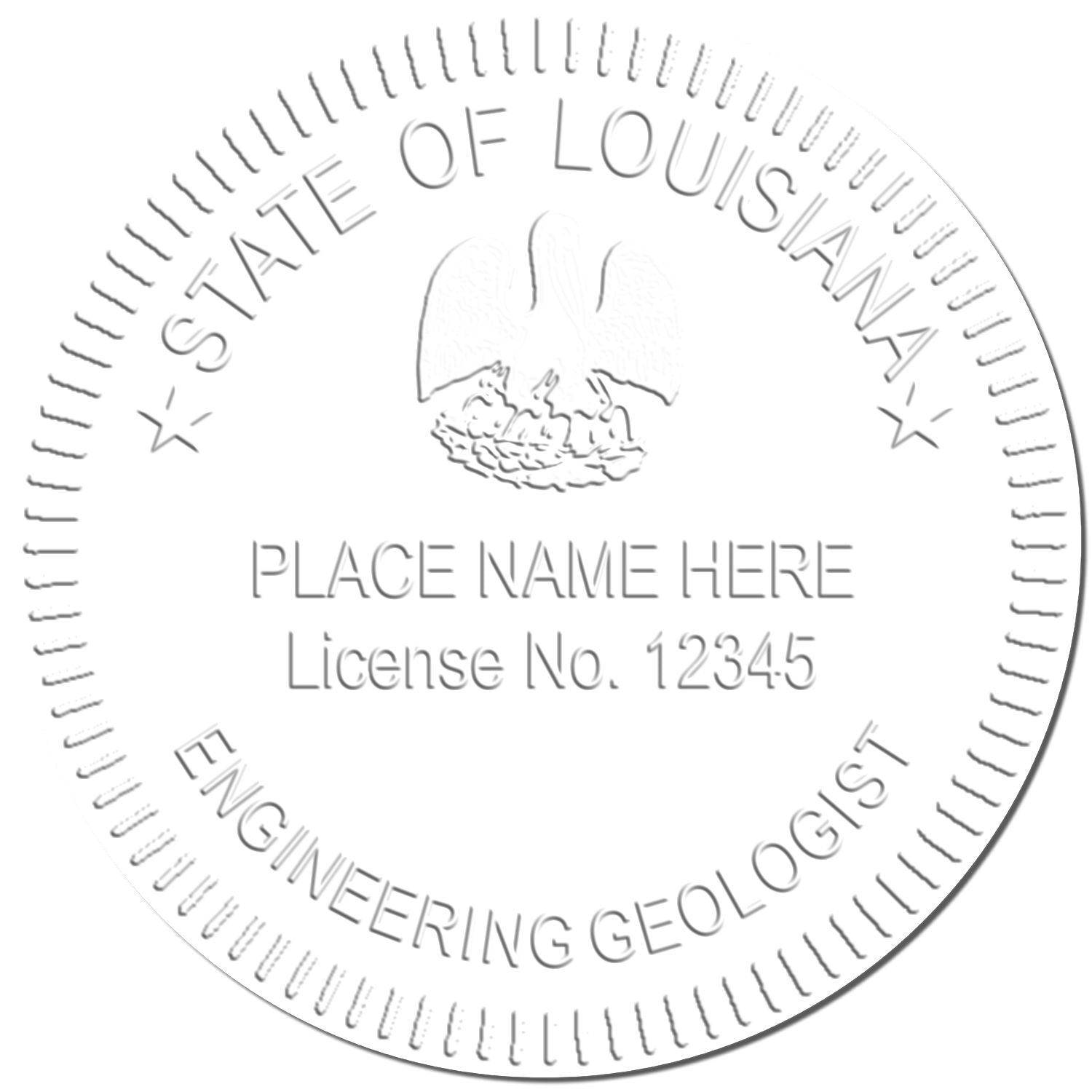 Embossed seal with the text 'State of Louisiana, Place Name Here, License No. 12345, Engineering Geologist' created by the Engineering Geologist Red Soft Seal Embosser.