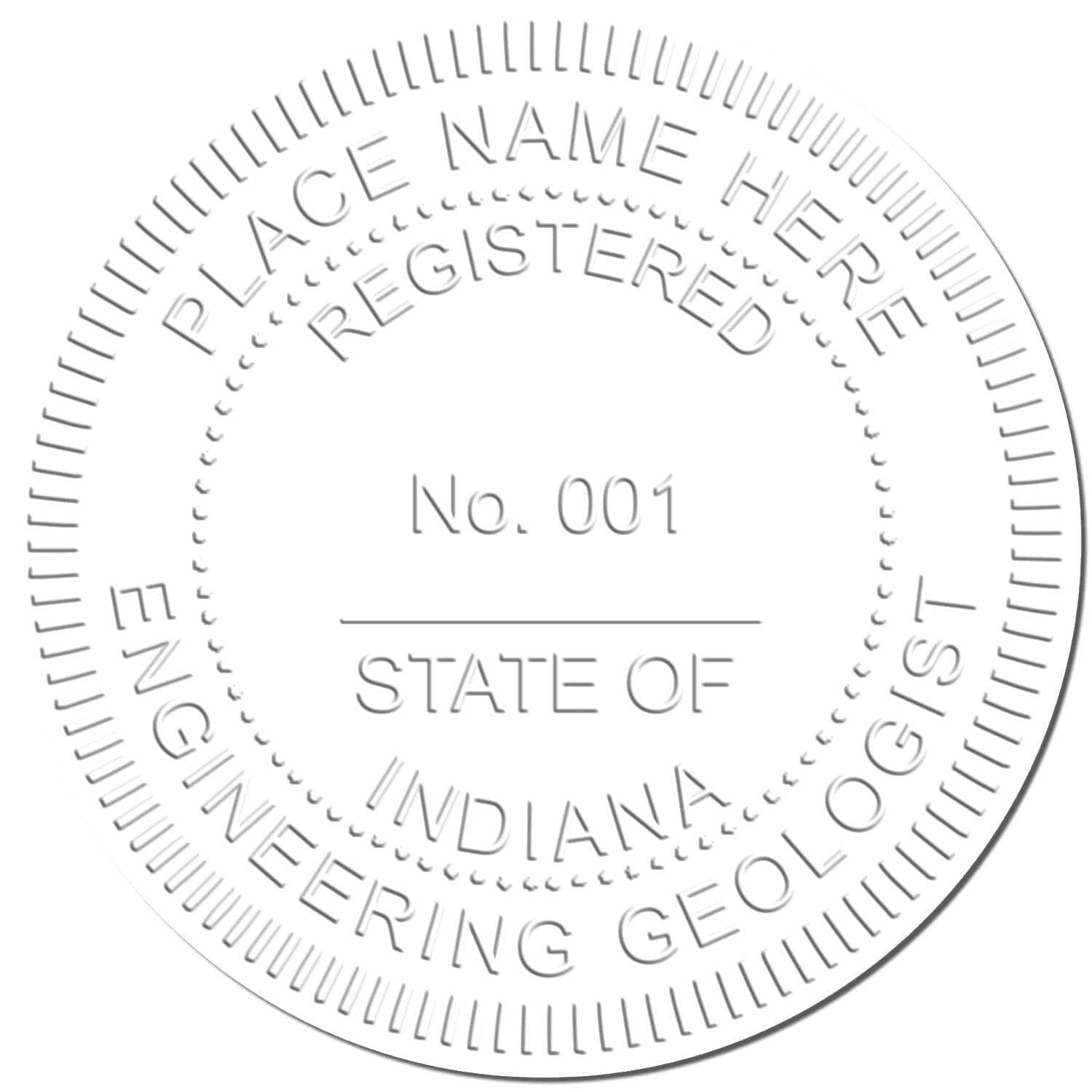 Embossed seal sample for Engineering Geologist Pink Soft Seal Embosser, featuring customizable text fields for name, registration number, and state, with a circular design and detailed border.