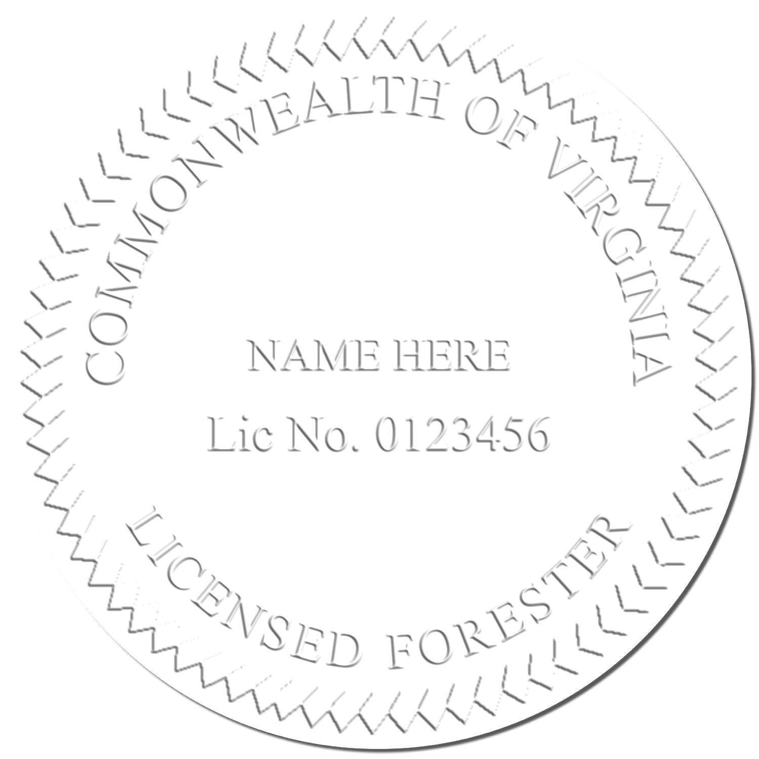 Image of an embossed seal with the text COMMONWEALTH OF VIRGINIA LICENSED FORESTER created by the Forester Red Soft Seal Embosser.