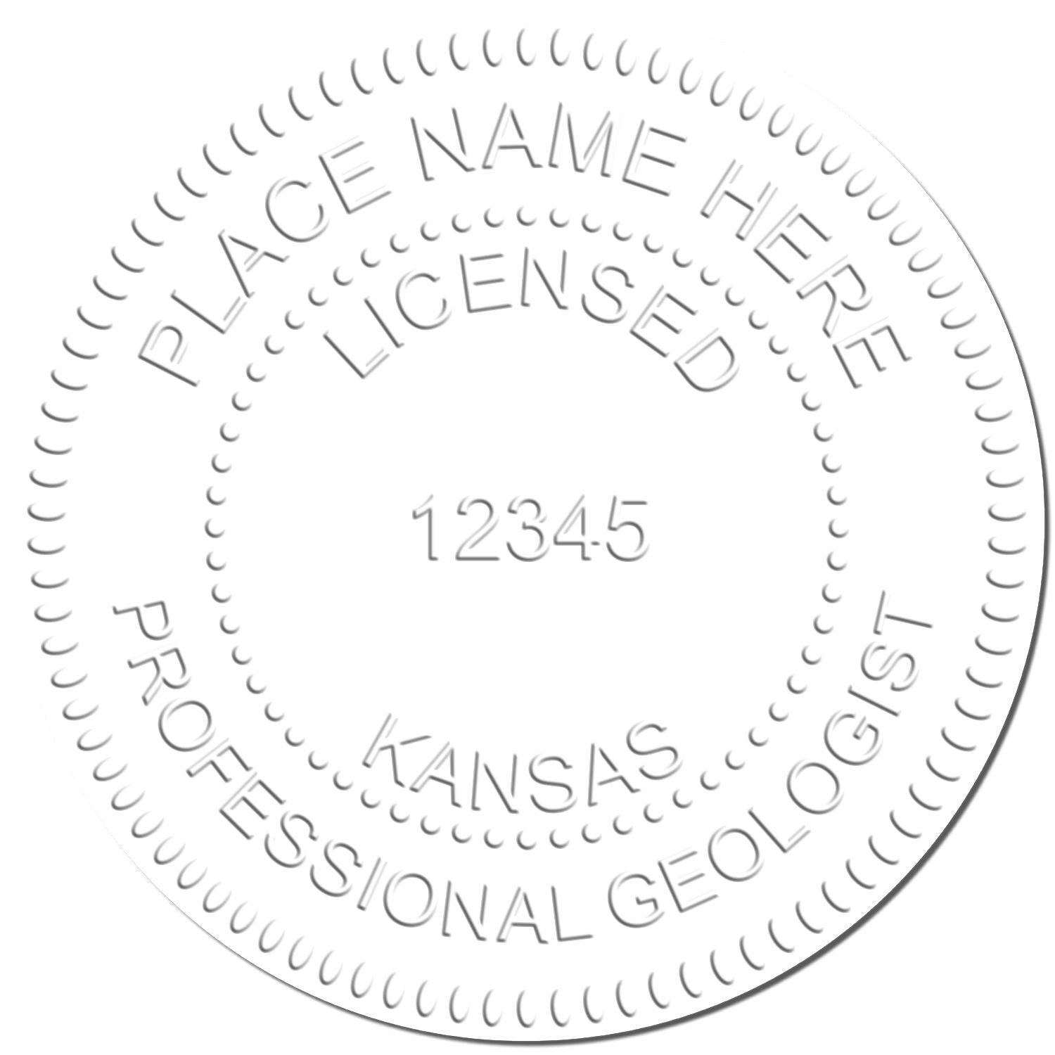 Embossed seal sample with PLACE NAME HERE, LICENSED, 12345, KANSAS, PROFESSIONAL GEOLOGIST text, created by Geologist Long Reach Desk Seal Embosser.
