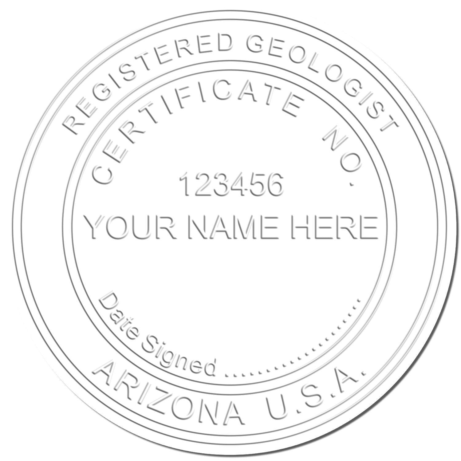 Geologist Pink Seal Handheld Embosser imprint displaying Registered Geologist, Certificate No. 123456, Your Name Here, Date Signed, Arizona U.S.A.