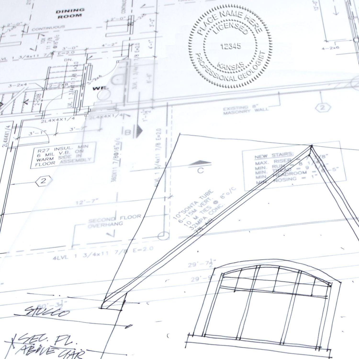 Blueprint with an embossed seal using the Geologist Hybrid Seal Embosser, showing detailed architectural drawings and the embossed seal impression.