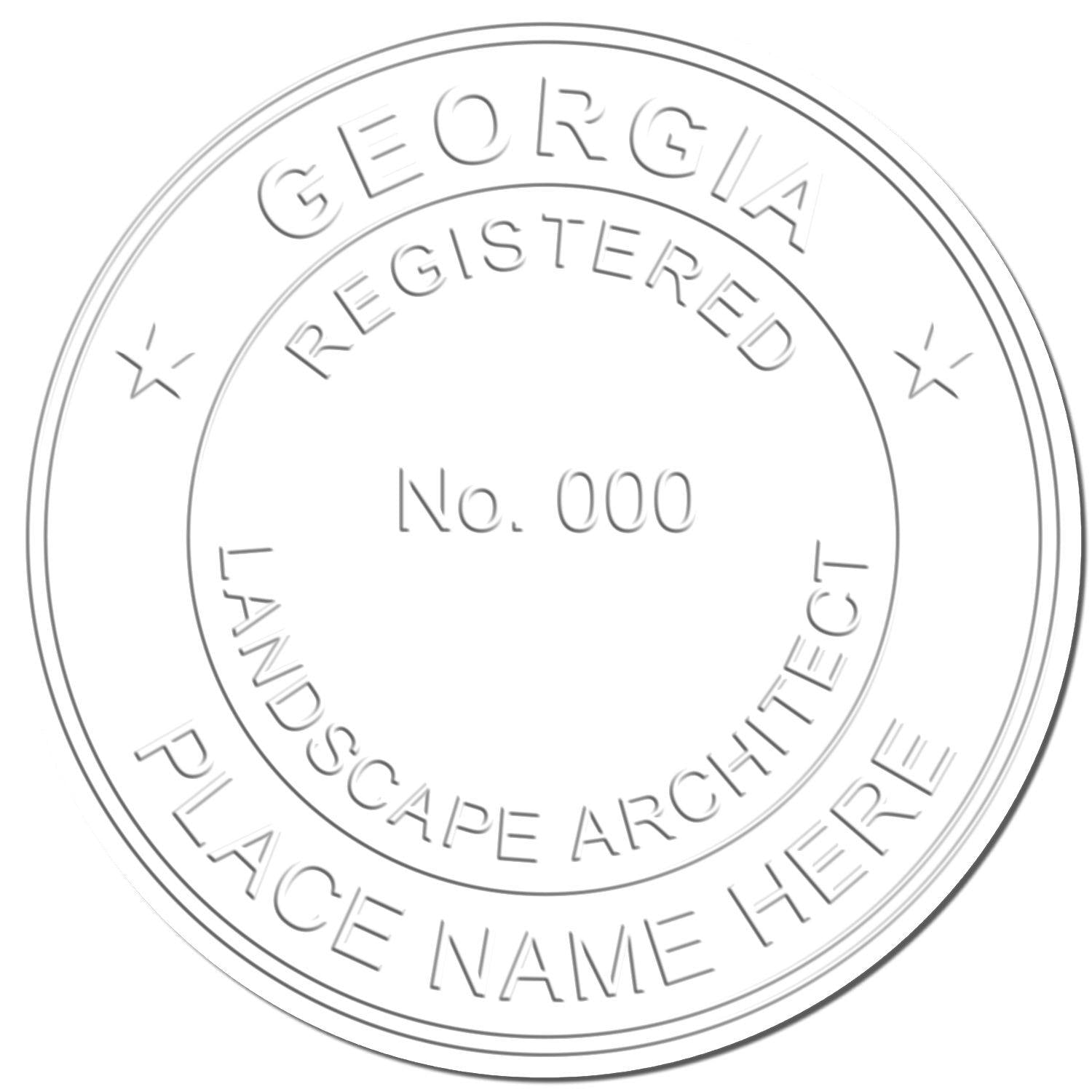 Embossed seal sample with text GEORGIA REGISTERED LANDSCAPE ARCHITECT PLACE NAME HERE No. 000 created by the Landscape Architect Long Reach Desk Seal Embosser.