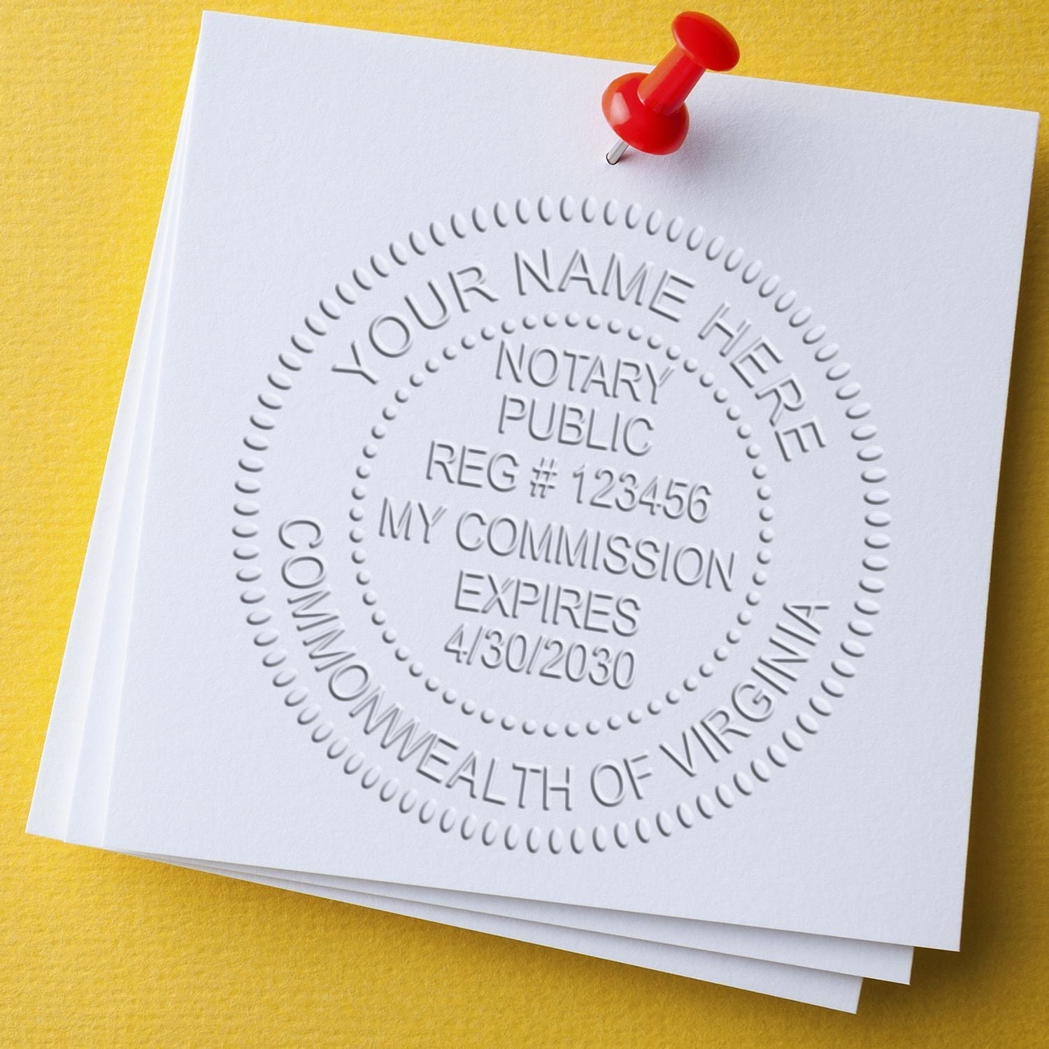 Cast Iron Notary Seal Embosser imprint on white paper with a red pushpin, showing notary public details and commission expiration date.