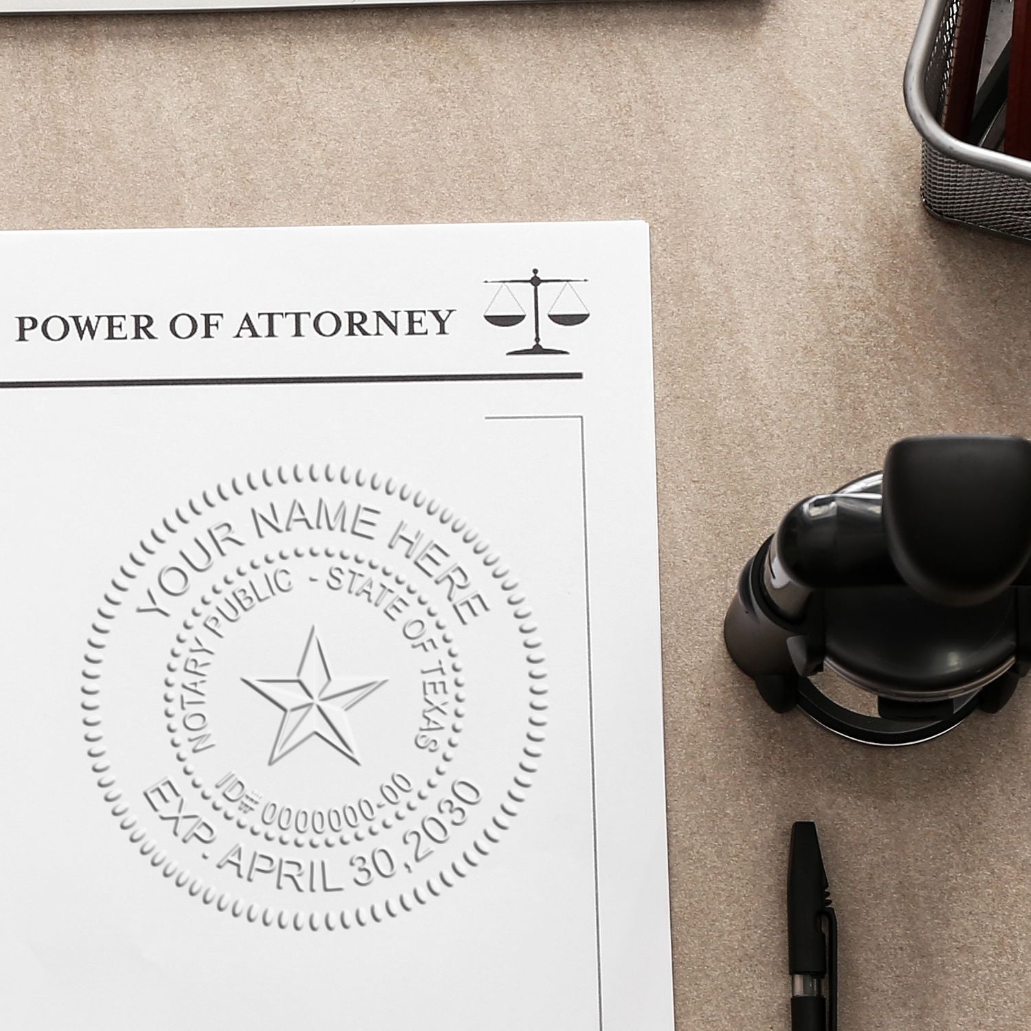 Black Hybrid Notary Embosser in use on a Power of Attorney document, showing a clear embossed notary seal with a star and text.