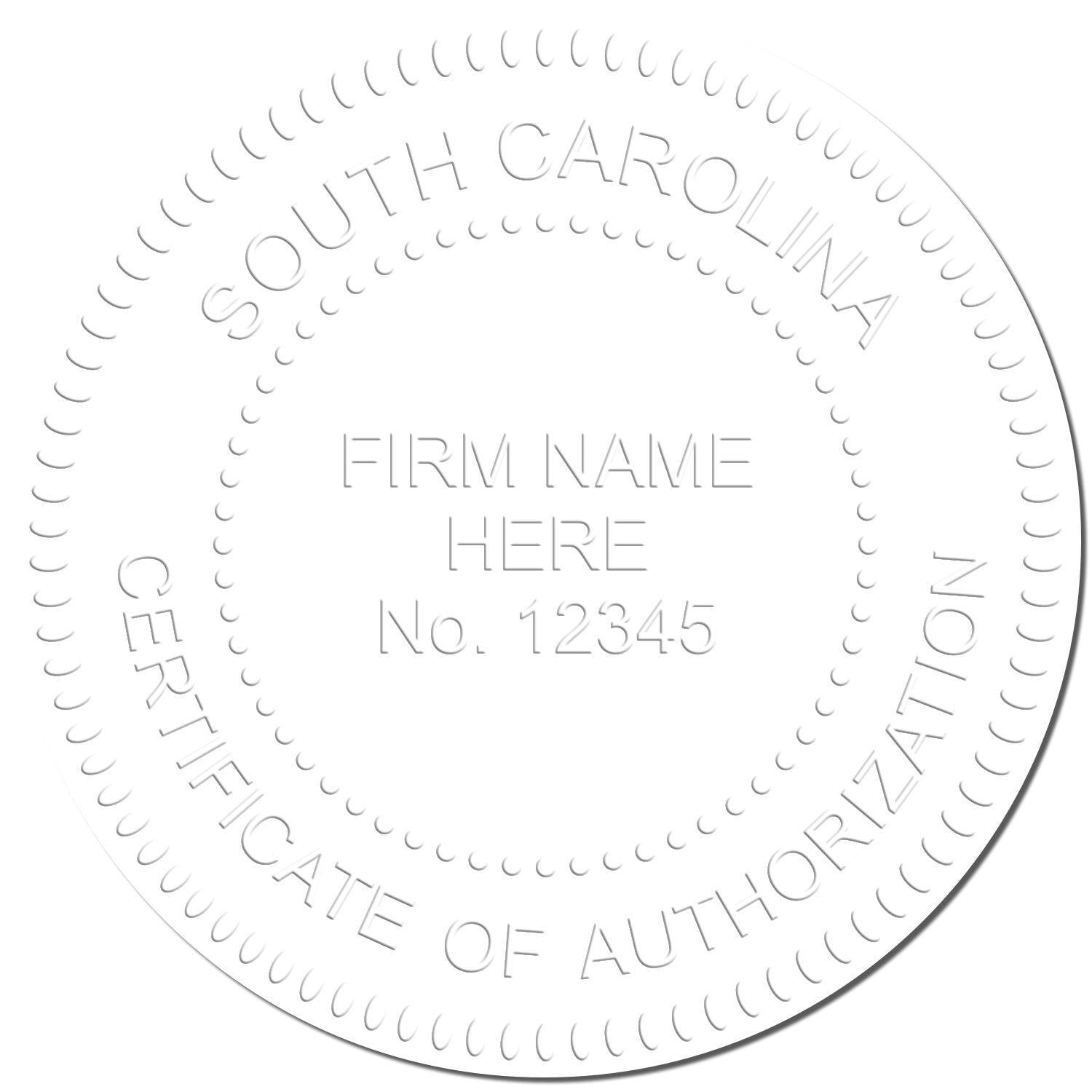 Embossed seal on white paper with text South Carolina Certificate of Authorization created by Professional Chrome Gift Seal Embosser.