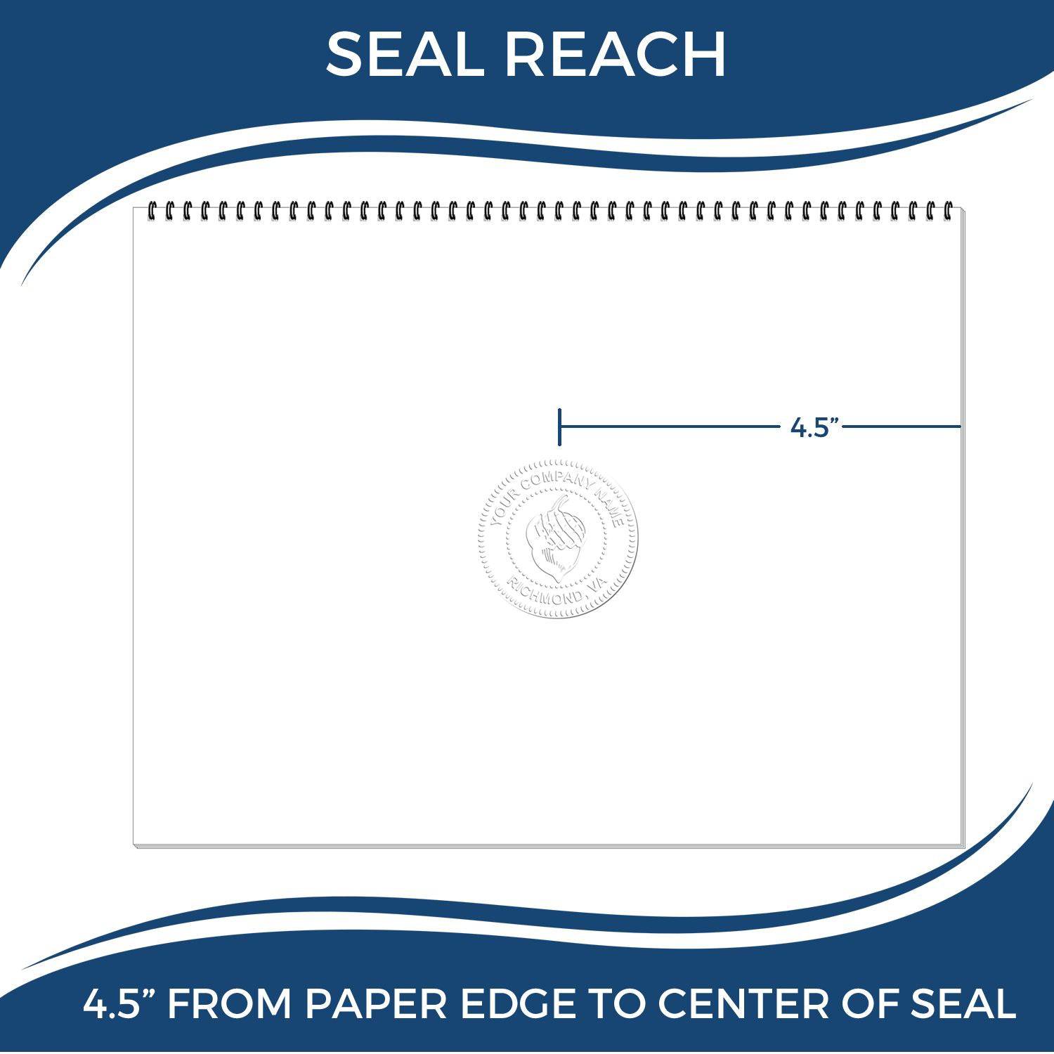 Image showing the Professional Engineer Extended Long Reach Desk Seal Embosser imprint on paper, demonstrating a 4.5-inch reach from the paper edge to the center of the seal.