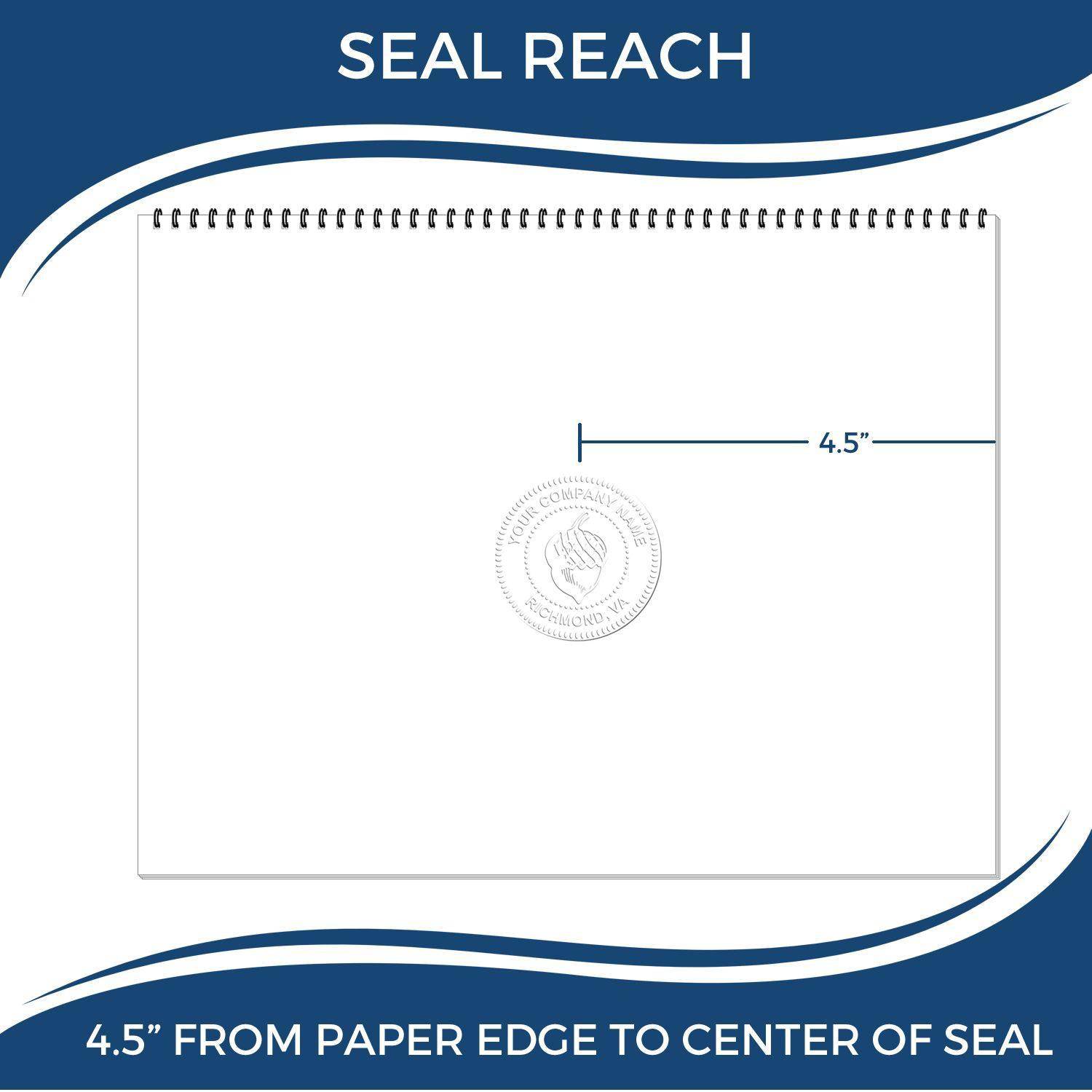 Image showing the Architect Extended Long Reach Desk Seal Embosser's reach, demonstrating a 4.5-inch distance from the paper edge to the center of the seal, with a sample embossed seal in the center.