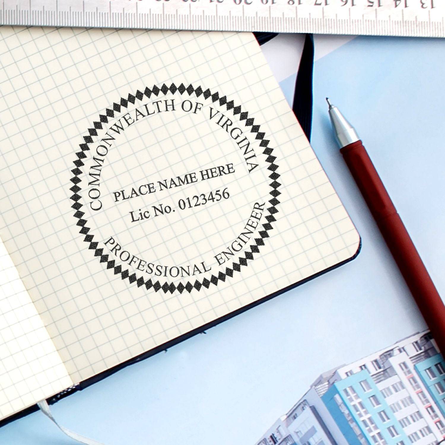 Xstamper Professional Engineer Pre-Inked Stamp of Seal used on a notebook with a ruler and pen nearby, displaying a seal for the Commonwealth of Virginia with placeholders for name and license number.