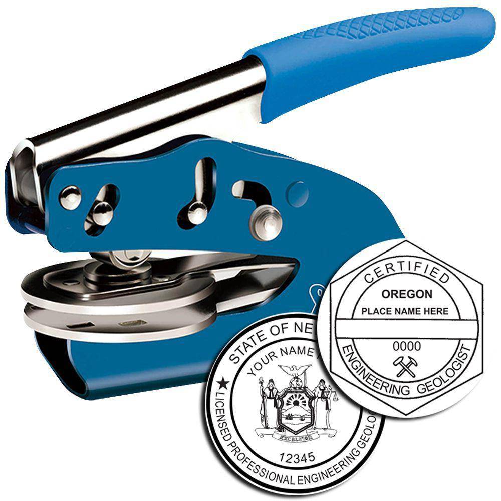Image of the Engineering Geologist Blue Soft Seal Embosser, featuring a blue handle and metal embossing mechanism, alongside two sample embossed seals for professional engineering geologists.