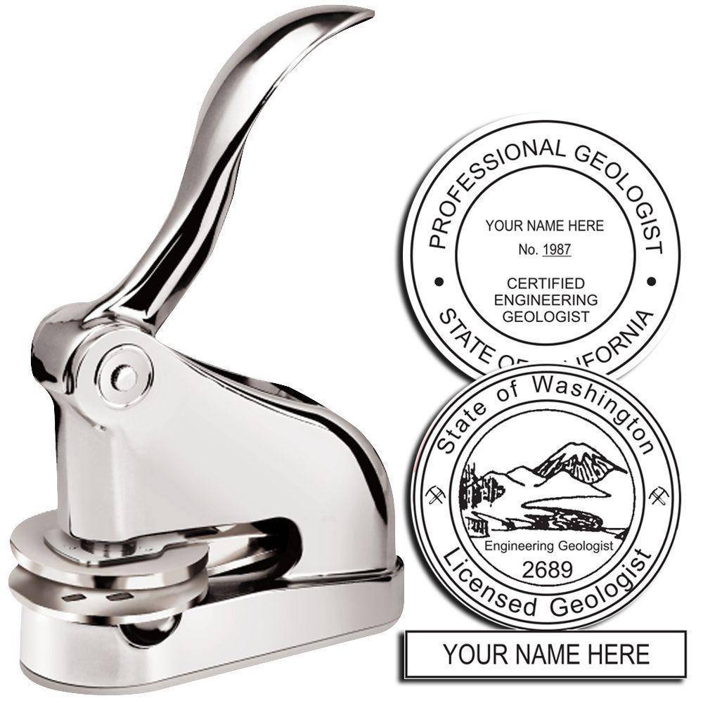 Engineering Geologist Chrome Gift Seal Embosser with a sleek, polished design, shown with two sample embossed seals for professional geologists, featuring customizable text and state-specific details.