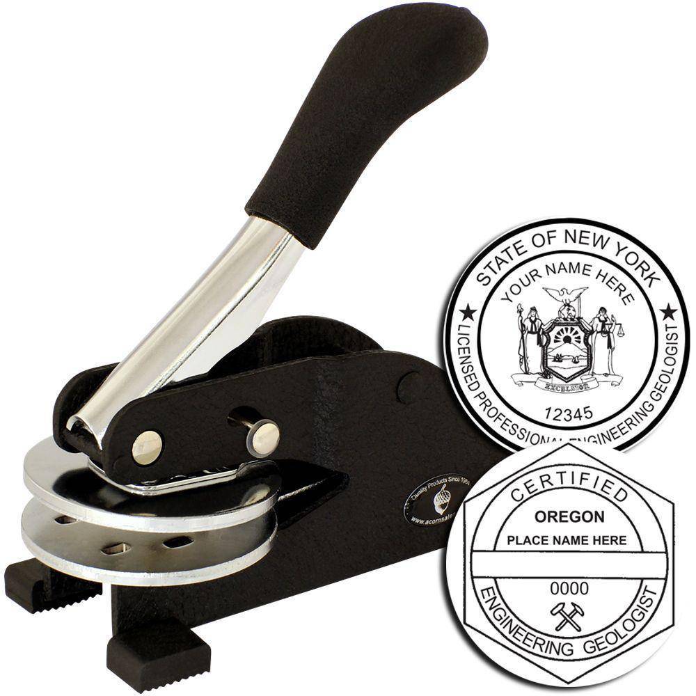 Image of an Engineering Geologist Desk Seal Embosser with a black handle and metal components, shown alongside sample embossed seals for New York and Oregon.