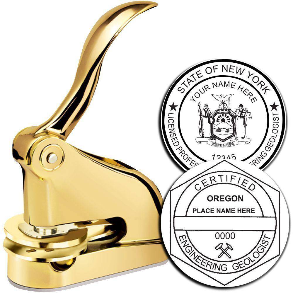 Gold desk seal embosser with the text Engineering Geologist Gold Gift Seal Embosser engraved, shown with two sample embossed seals for New York and Oregon, featuring professional certification details.