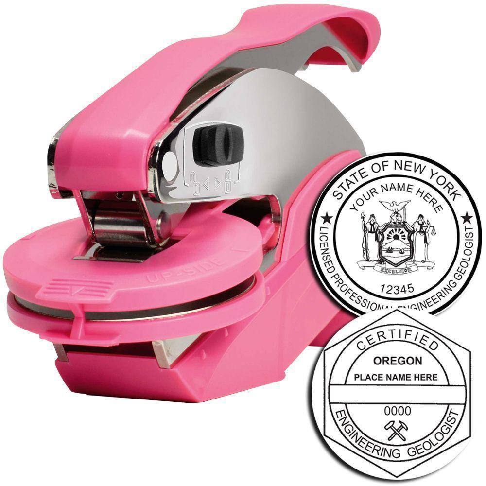 Image of the Engineering Geologist Pink Hybrid Handheld Embosser, featuring a sleek pink design with a metal embossing mechanism. The embosser is shown with sample embossed seals for New York and Oregon.