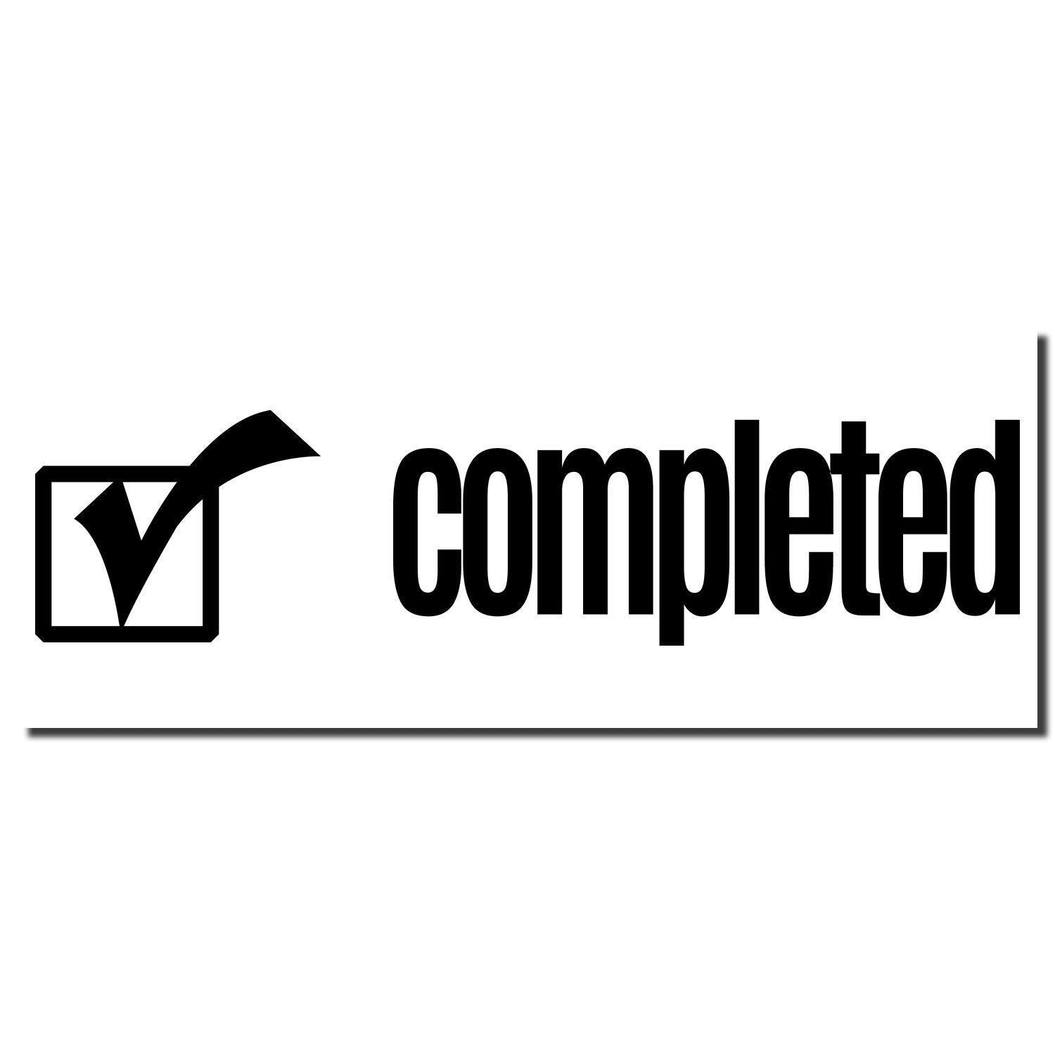 Image of a Large Self Inking Completed with Checkbox Stamp showing a black checkmark inside a box next to the word 'completed' in bold black letters on a white background.