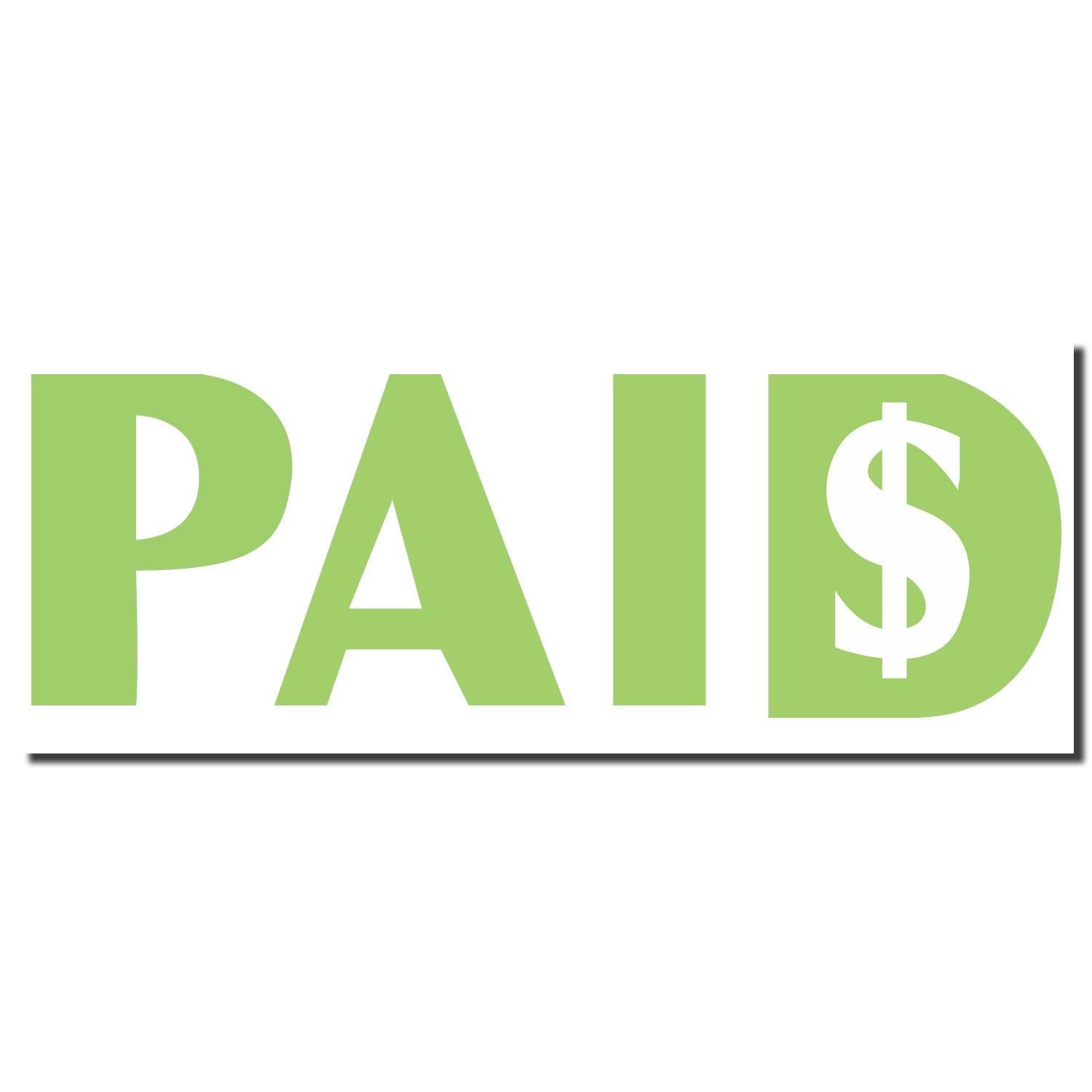 Green Paid Xstamper Stamp imprint with the word PAID in bold green letters, featuring a dollar sign in place of the letter D .