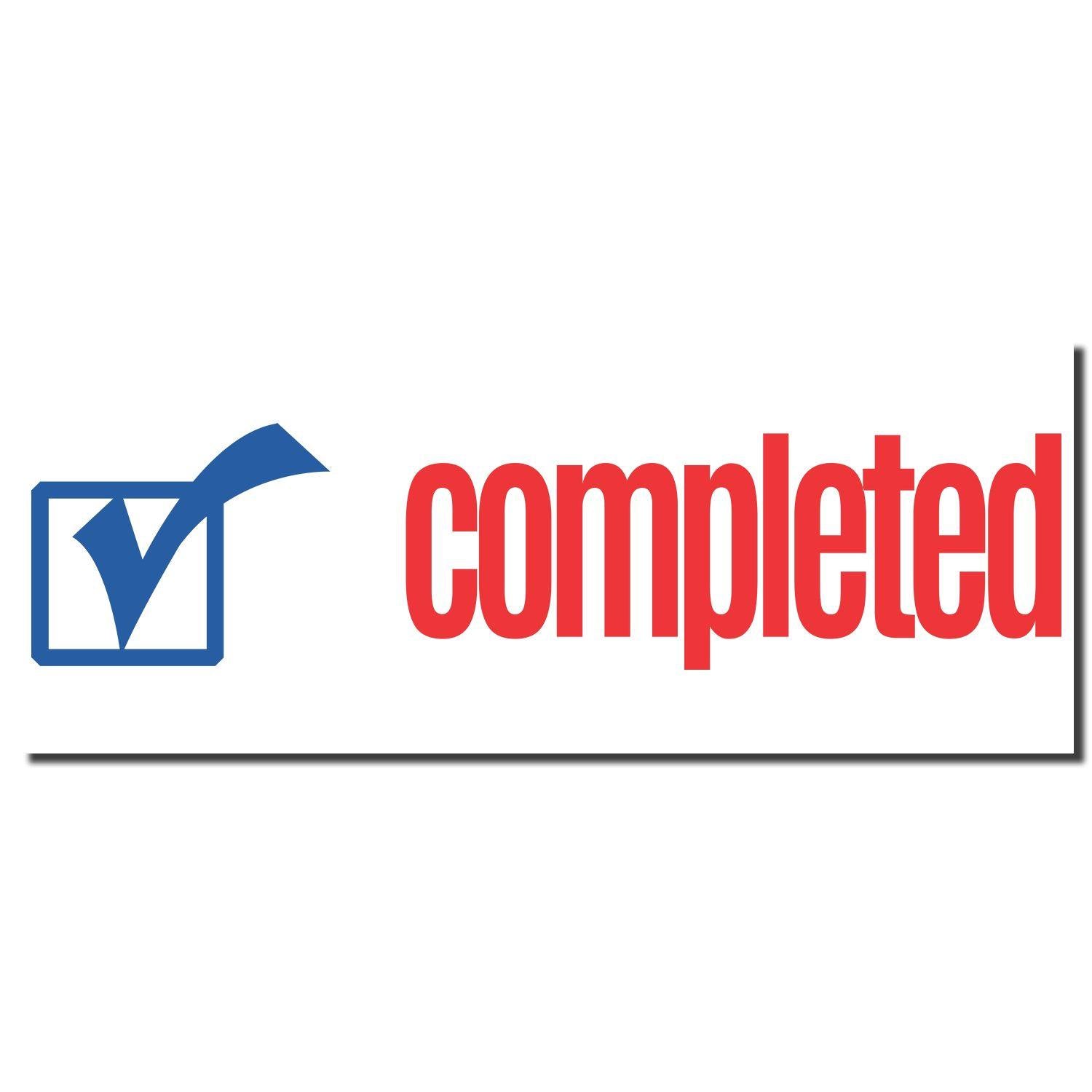 Two-Color Completed Xstamper Stamp showing a blue checkmark in a box next to the word completed in bold red text.