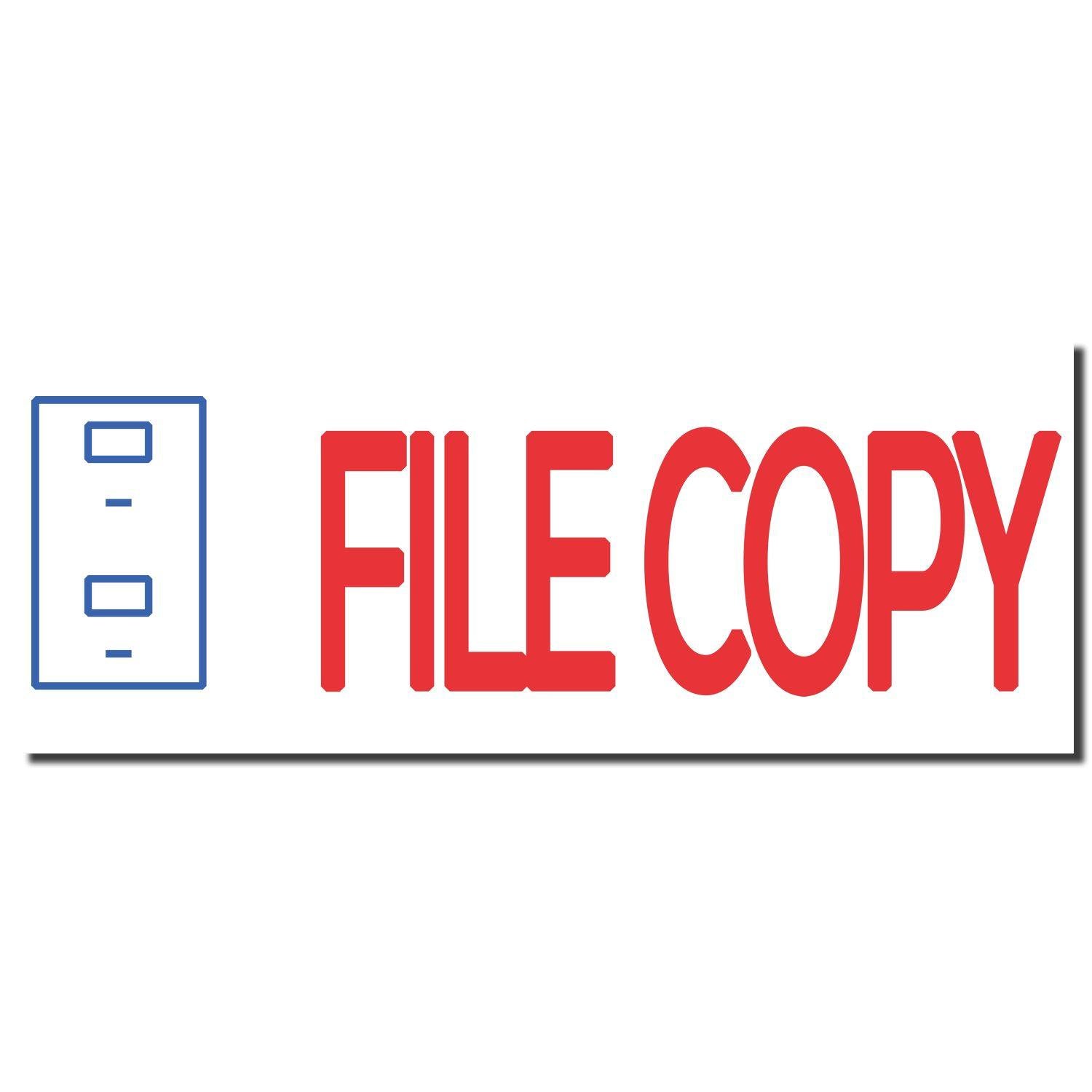 Image of the Two-Color File Copy Xstamper Stamp imprint showing a blue file cabinet icon and red text reading FILE COPY.