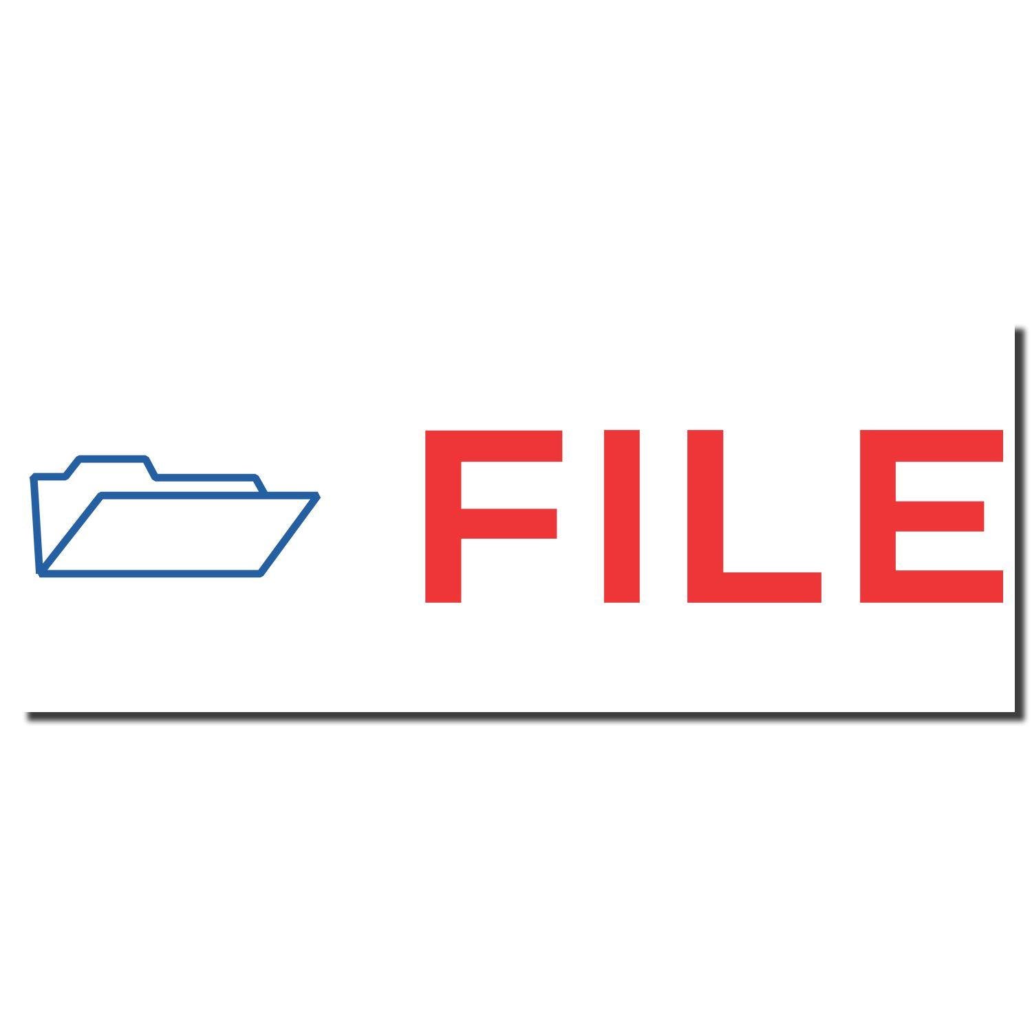 Two-Color File Xstamper Stamp showing a blue folder icon and the word FILE in red, designed for organizing documents.