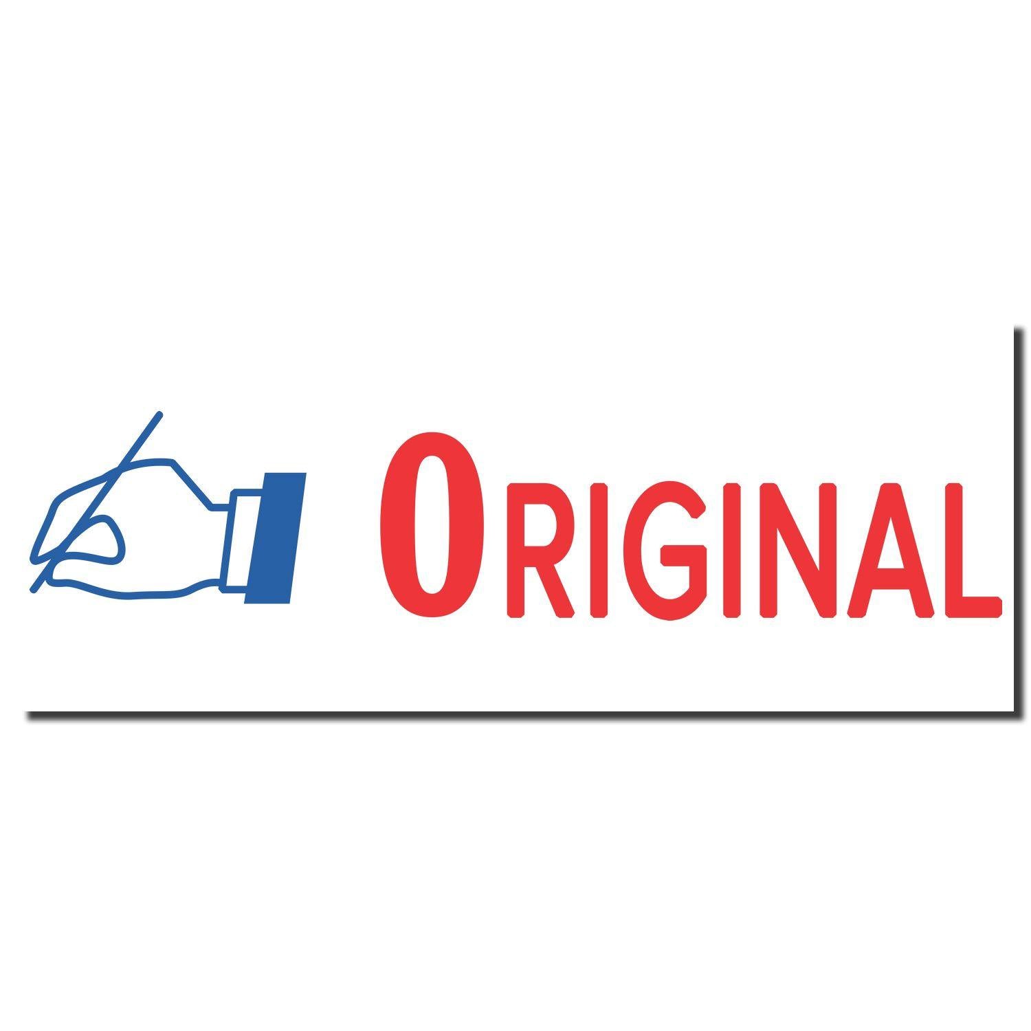 Image of a Two-Color Original Xstamper Stamp imprint showing a blue hand holding a pen and the word ORIGINAL in red.