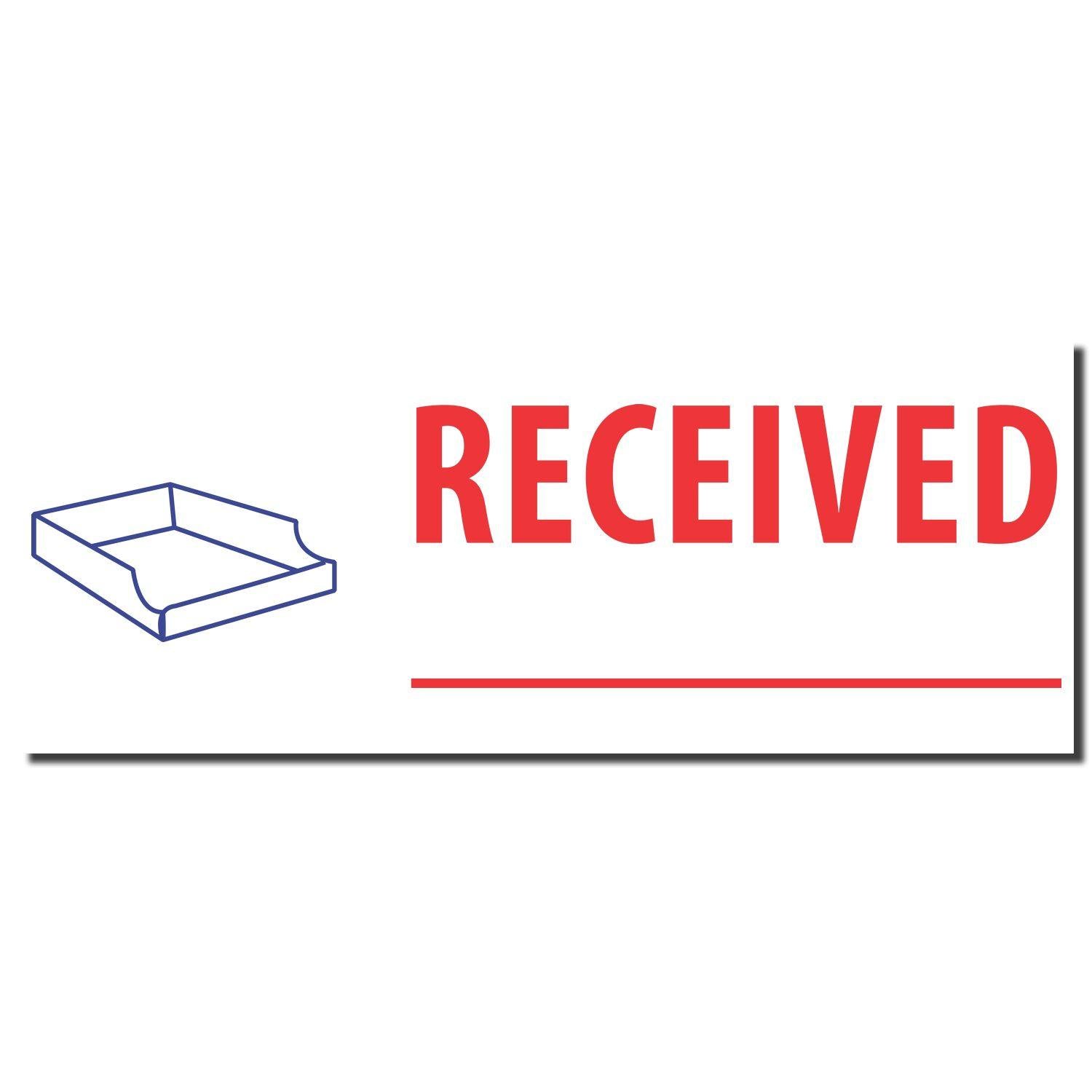 Two-Color Received Xstamper Stamp imprint with a blue tray icon on the left and the word RECEIVED in bold red letters on the right.