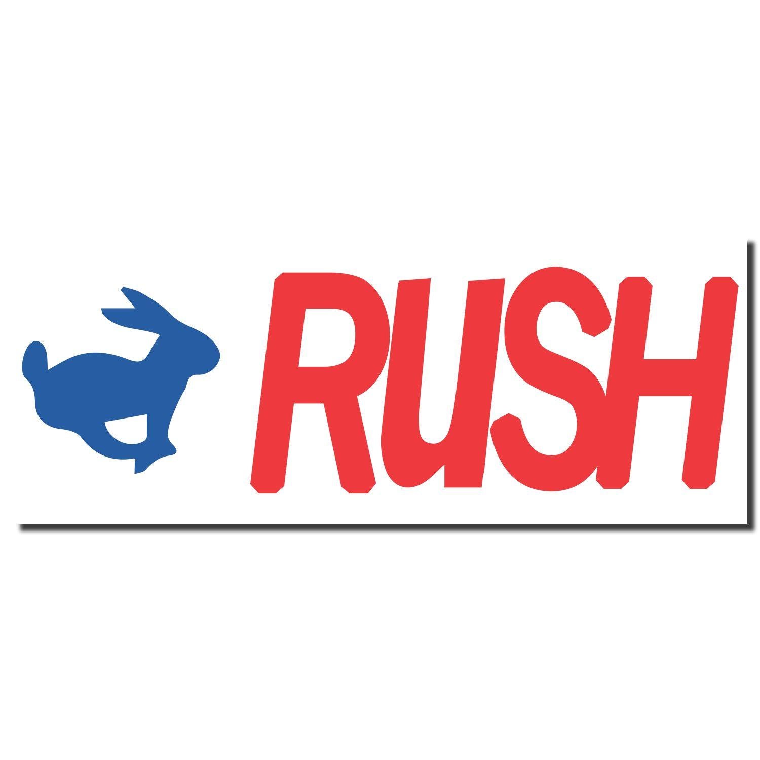 Two-Color Rush Xstamper Stamp imprint showing a blue rabbit and the word RUSH in bold red letters.