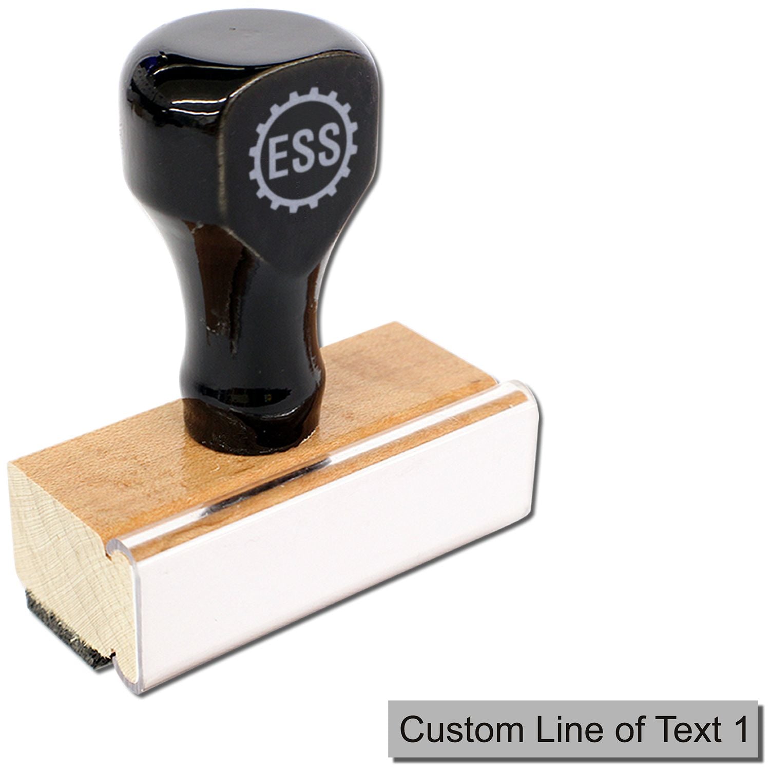 1 Line Custom Rubber Stamp with Wood Handle, featuring a black top with ESS logo and a wooden base, shown with Custom Line of Text 1 .