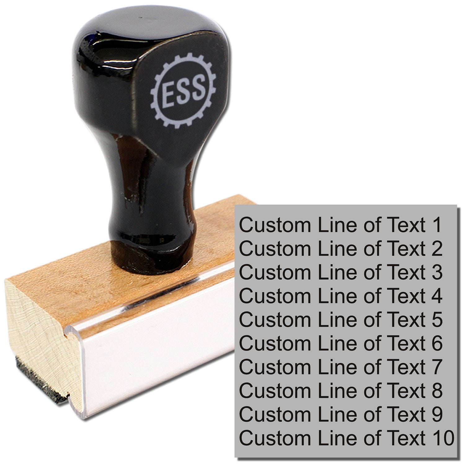 10 Line Custom Rubber Stamp with Wood Handle, featuring clear text for personalized stamping, ideal for office use, crafting, and organization.