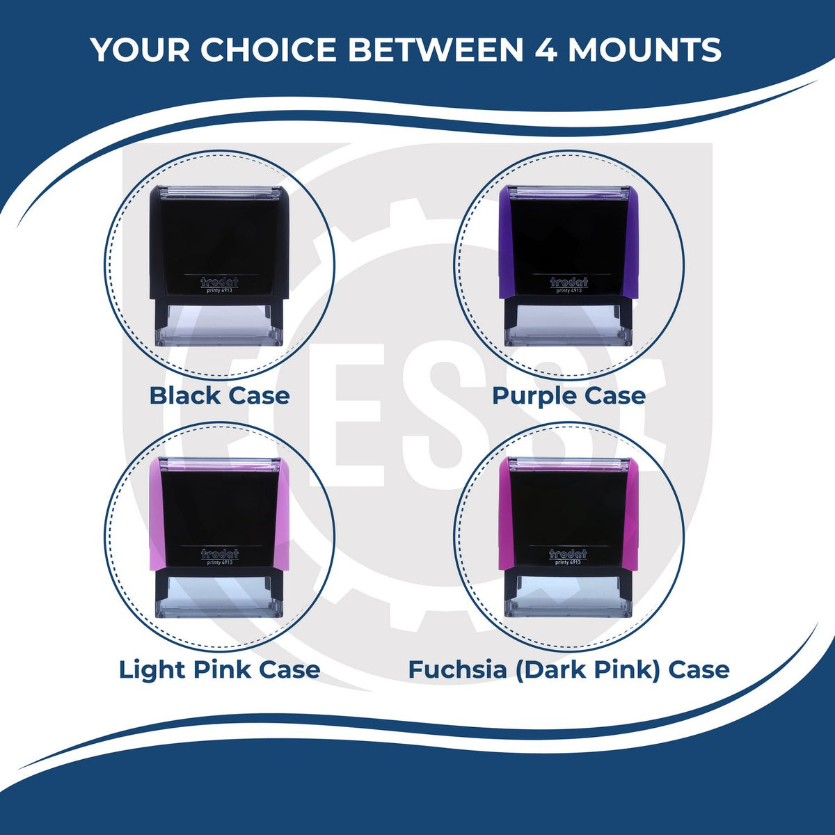 A picture of different colored mounts for the Self-Inking State Seal California Notary Stamp featurning a Red, Blue or Black Mount