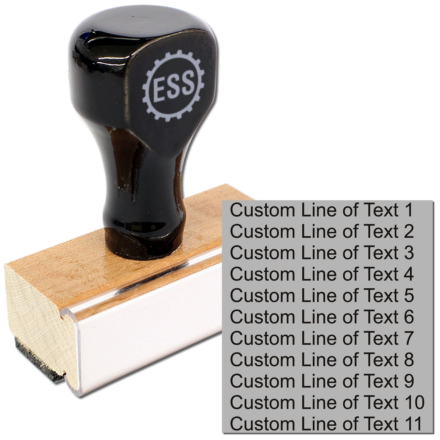 11 Line Custom Rubber Stamp with Wood Handle, featuring a black top with ESS logo and customizable text lines 1 to 11 displayed beside it.